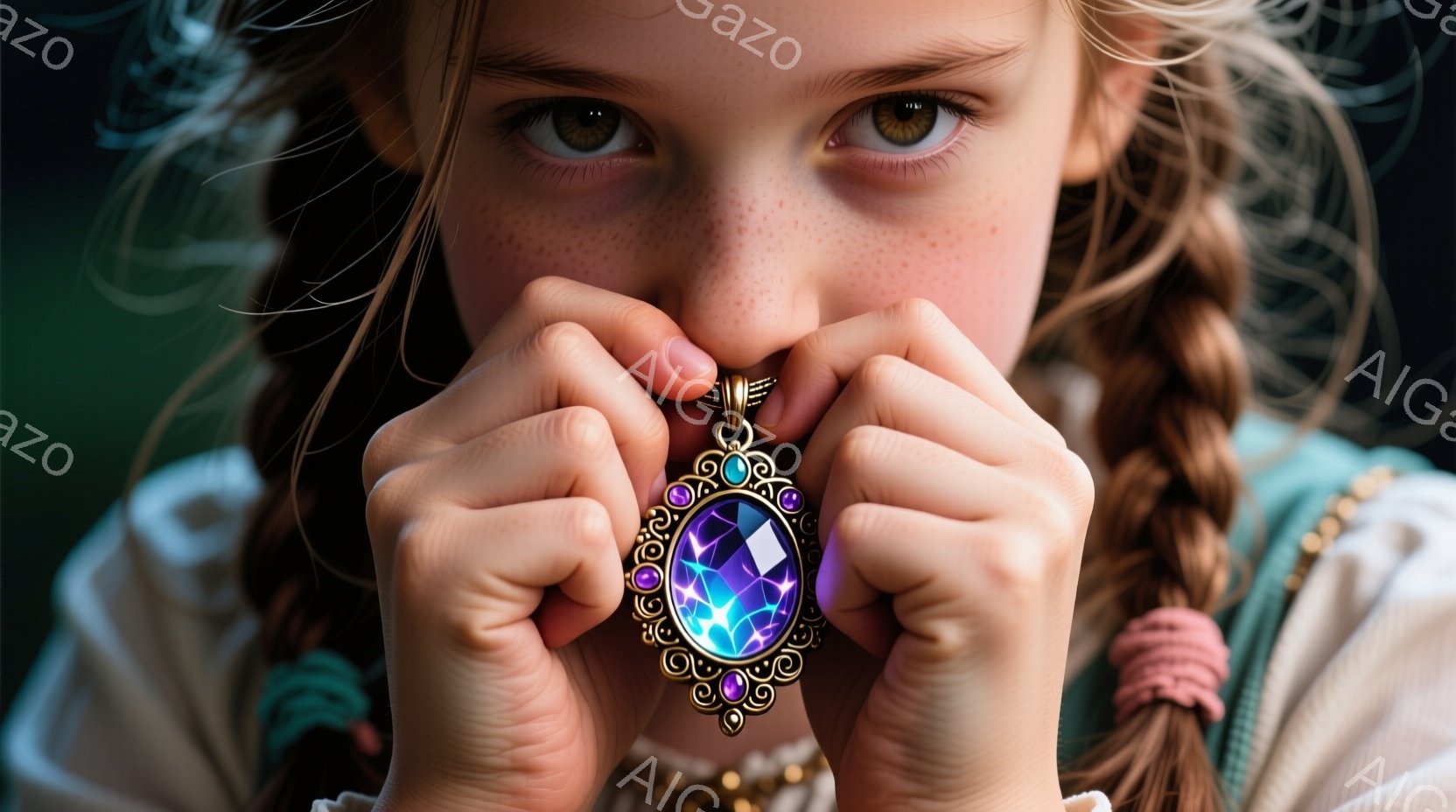 赤毛の少女が、大きな青紫色の宝石が中央に輝く装飾的なペンダントを両手で抱えて見つめています。彼女は三つ編みの髪型で、そばかすがあり、淡いピンクと緑の衣装を身に着けています。背景はぼやけていますが、暖かく幻想的な雰囲気が漂っています。