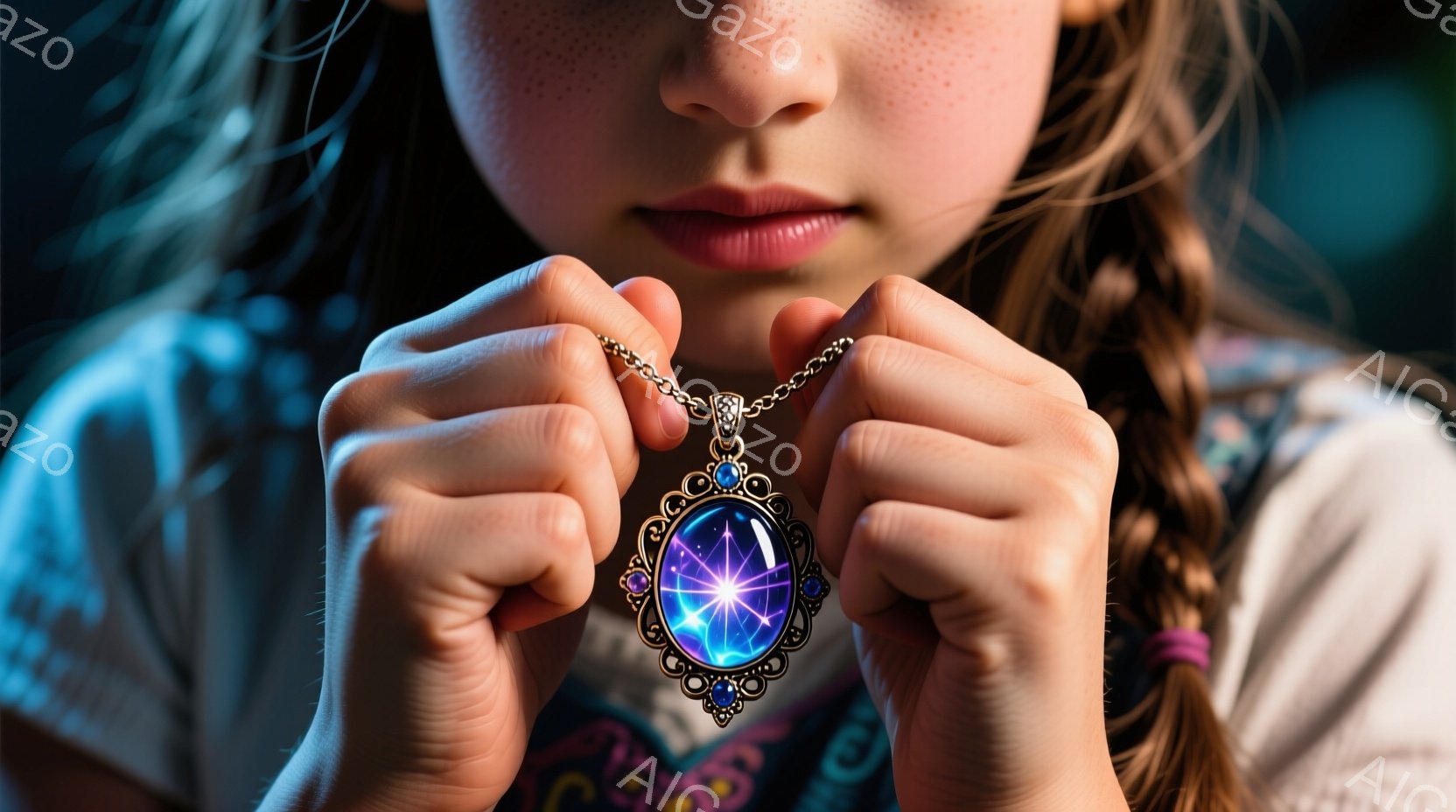 少女は、複雑なデザインの青と紫の宝石が中央に輝くペンダントを両手でそっと持っている。彼女はそばかすがあり、髪は三つ編みで、真剣な表情で宝石を見つめている。背景はぼやけているが、服装から室内であると推測され、神秘的でファンタジーのような雰囲気が漂う。