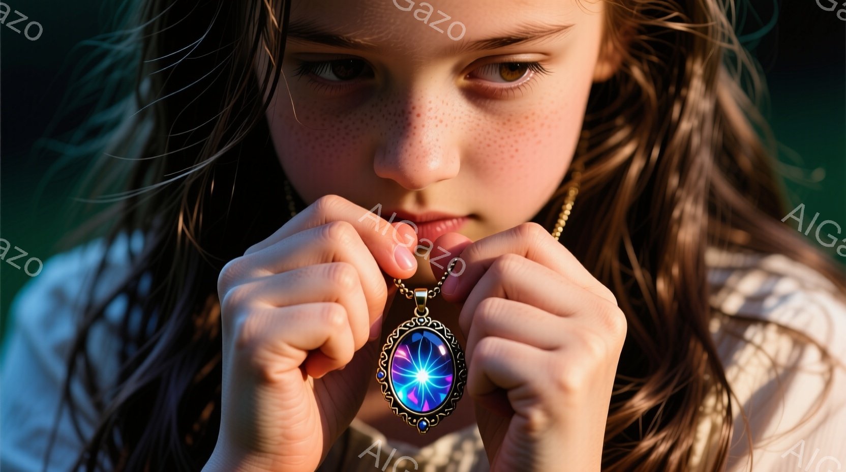 赤毛でそばかすのある少女が、輝く青と紫の宝石が中央に埋め込まれた複雑なデザインのペンダントを両手で持っています。彼女は薄いクリーム色の服を着ており、髪は肩まで伸びたゆるいカールです。背景はぼやけており、自然の緑とわずかな光が差し込む場所を示唆しており、神秘的で夢幻的な雰囲気を醸し出しています。