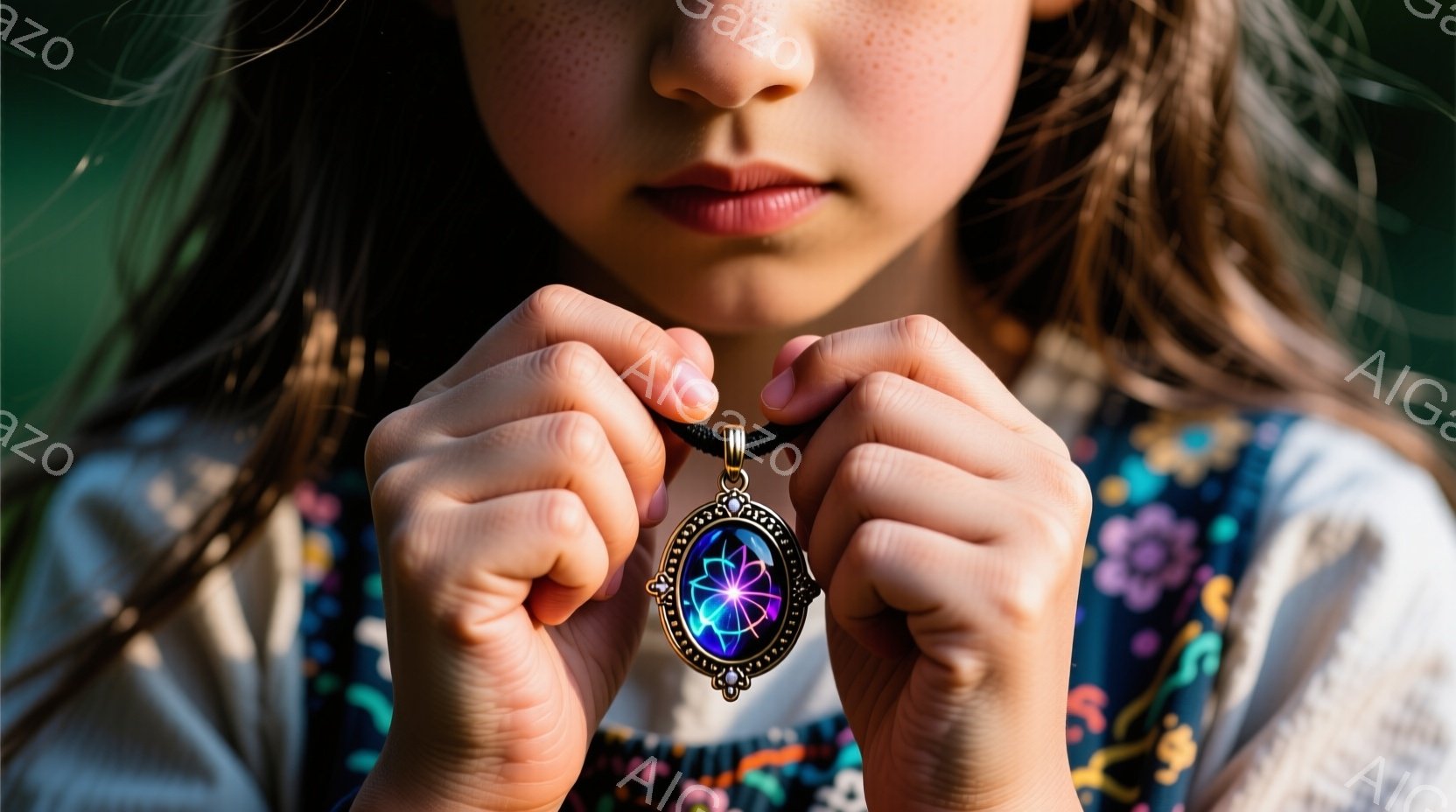 少女が青と紫の光を放つ楕円形のペンダントを両手で持っている。彼女は花柄の濃い青色のドレスを着ており、長い茶色の髪は肩にかかっている。背景は緑色のぼやけた自然で、穏やかで夢幻的な雰囲気が漂っている。