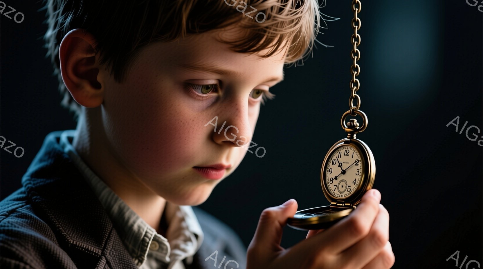 若い少年が懐中時計を真剣な眼差しで見つめている。彼はボタンダウンのシャツとジャケットを着ており、少しカールした茶色の髪をしている。背景は暗く、少年の姿が際立っており、全体的に内省的で神秘的な雰囲気を醸し出している。