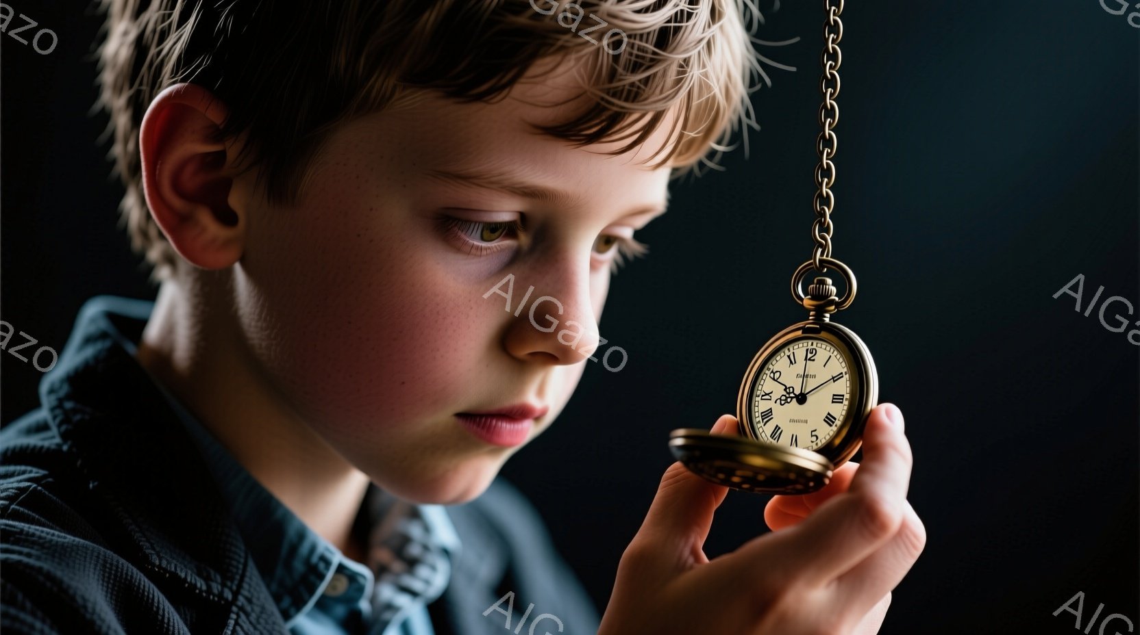 若い少年が懐中時計を手に持ち、真剣な表情で凝視している。彼はダークカラーのジャケットを着ており、少しカールした茶色の髪をしている。背景は暗く、焦点は少年に当てられており、何かに深く考え込んでいるような、内省的で神秘的な雰囲気を醸し出している。