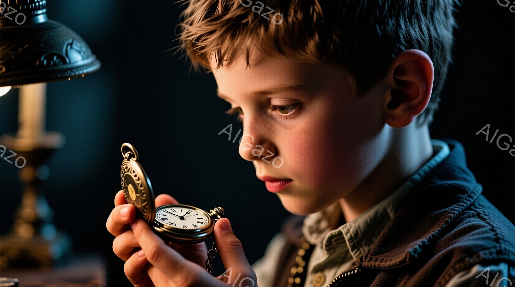 少年は懐中時計を手に持ち、真剣な表情で覗き込んでいます。彼はベストとシャツを着ており、髪は少し無造作に整えられています。背景にはぼんやりとした光を放つランプがあり、全体的に落ち着いた、歴史的な雰囲気を感じさせます。