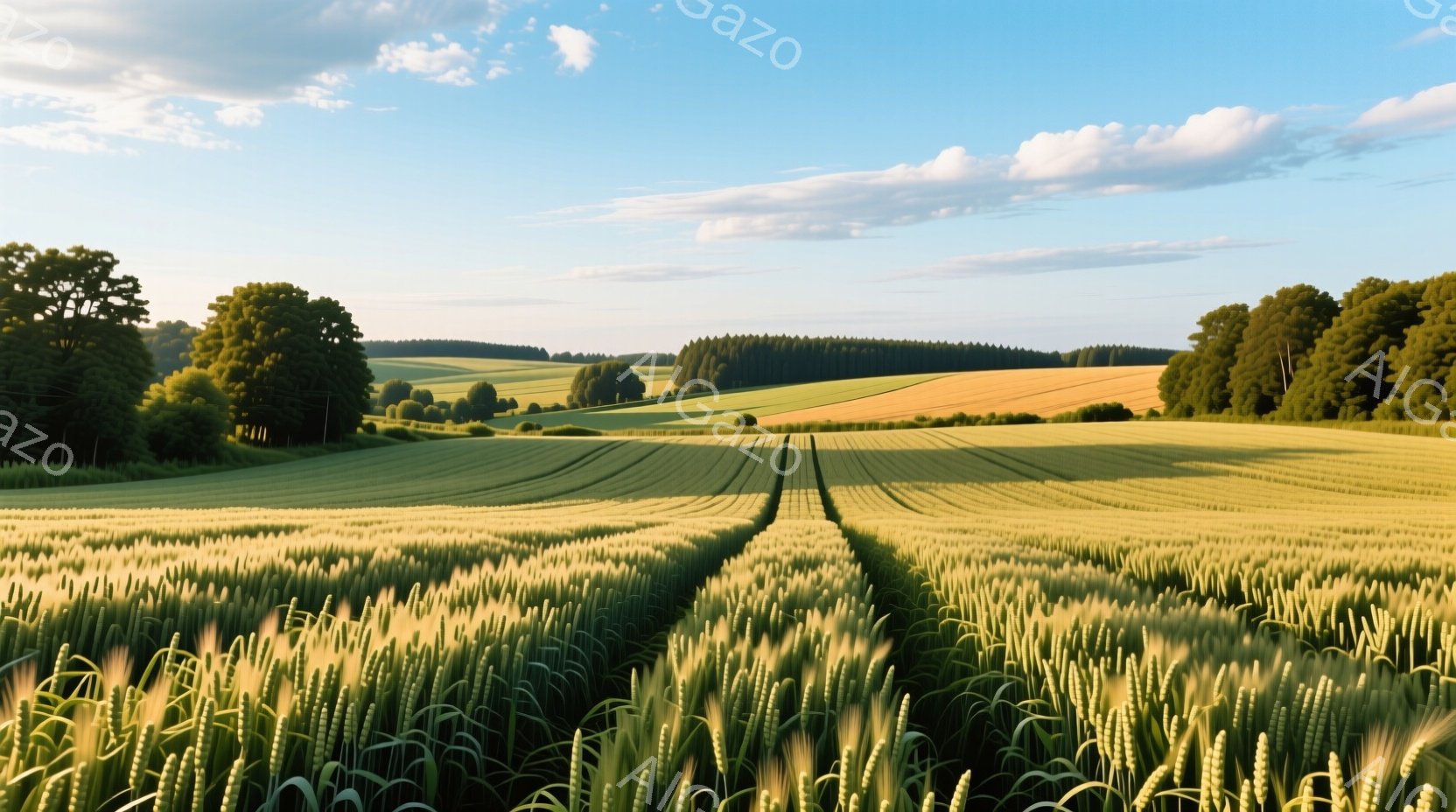 広大な麦畑が、規則的な縞模様を描き、黄金色と緑色のグラデーションを作り出している。遠景には、緑豊かな森林帯と、わずかに見える丘陵が広がり、澄み切った青空と白い雲が、穏やかな田園風景を包み込んでいる。全体的に、静けさと豊かさを感じさせる、のどかな光景である。