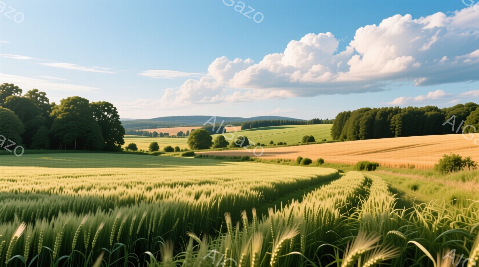 広大な麦畑が広がり、黄金色や緑色の美しいグラデーションを作り出している。遠景には緑豊かな丘と森林が連なり、空には白い雲が浮かび、穏やかで平和な田園風景を描いている。全体的に暖かく、明るい日差しが降り注ぎ、自然の豊かさを感じさせる。