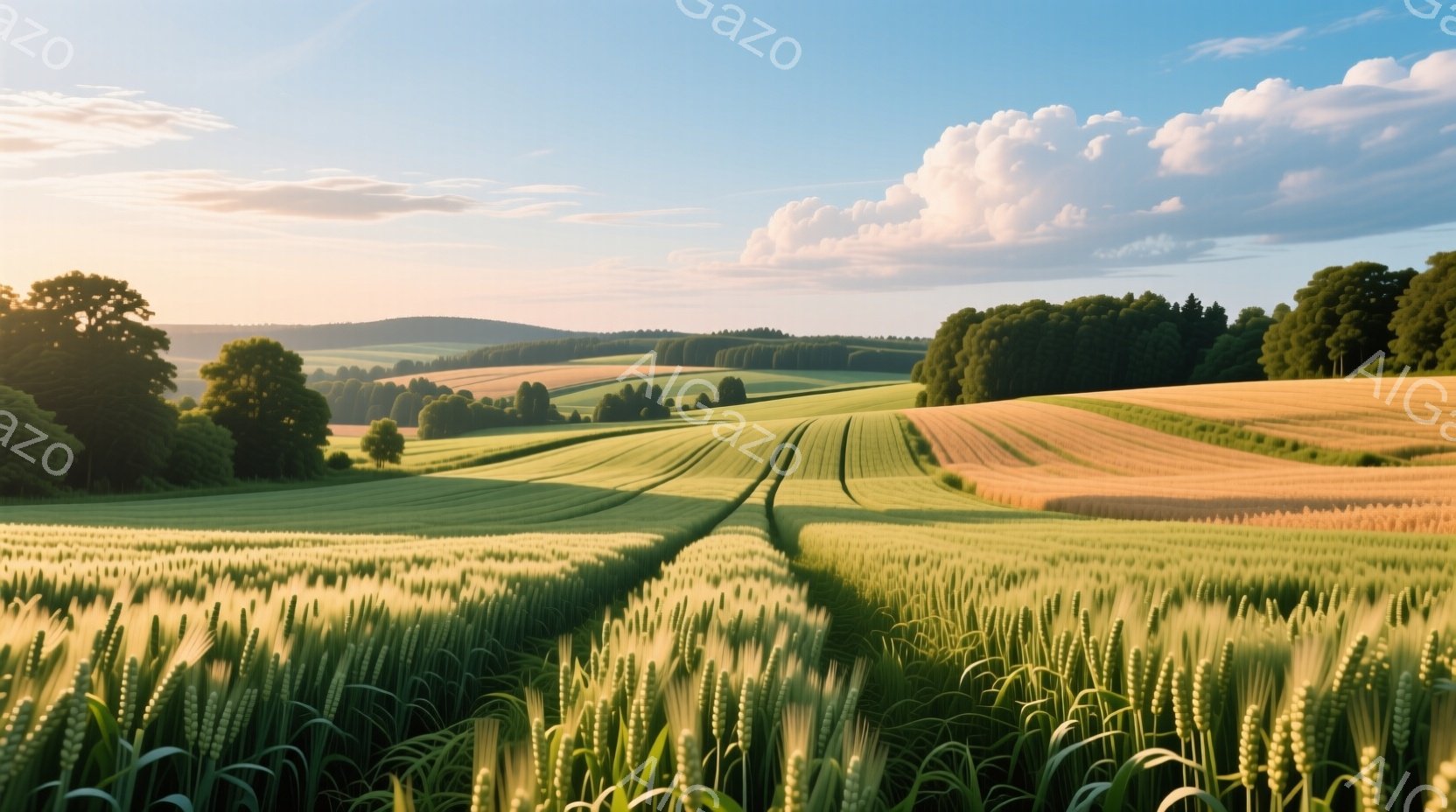 広大な緑の麦畑が広がり、その畝が遠くの丘陵地帯へと続く風景です。空は青く、白い雲が浮かび、夕暮れ時の柔らかい光が全体を包み込んでいます。背景には木々が生い茂る丘が連なり、穏やかで平和な田園風景が広がっています。