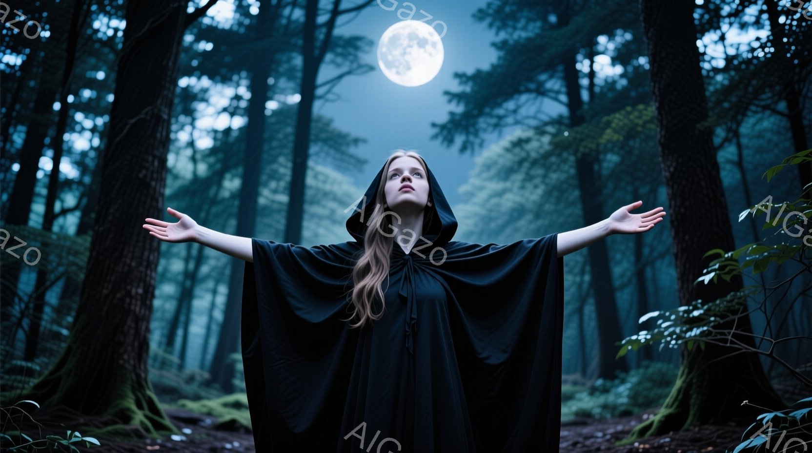 長い金髪をなびかせ、黒いフード付きマントを羽織った女性が、森の中で両手を広げて立っている。背景にはうっそうとした木々が生い茂り、月明かりが差し込んでいる。 全体的に神秘的で、幻想的な雰囲気を醸し出して - AI生成フリー素材