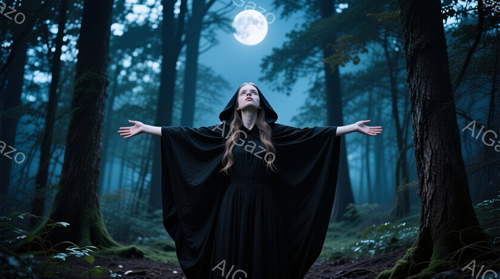 暗い森の中で、フード付きの黒いローブを着た女性が両手を広げて立っている。彼女は顔を上げ、月を見つめているようで、表情は厳粛で神秘的だ。背景には暗い木々が生い茂り、月明かりが差し込み、幻想的な雰囲気を醸し出している。