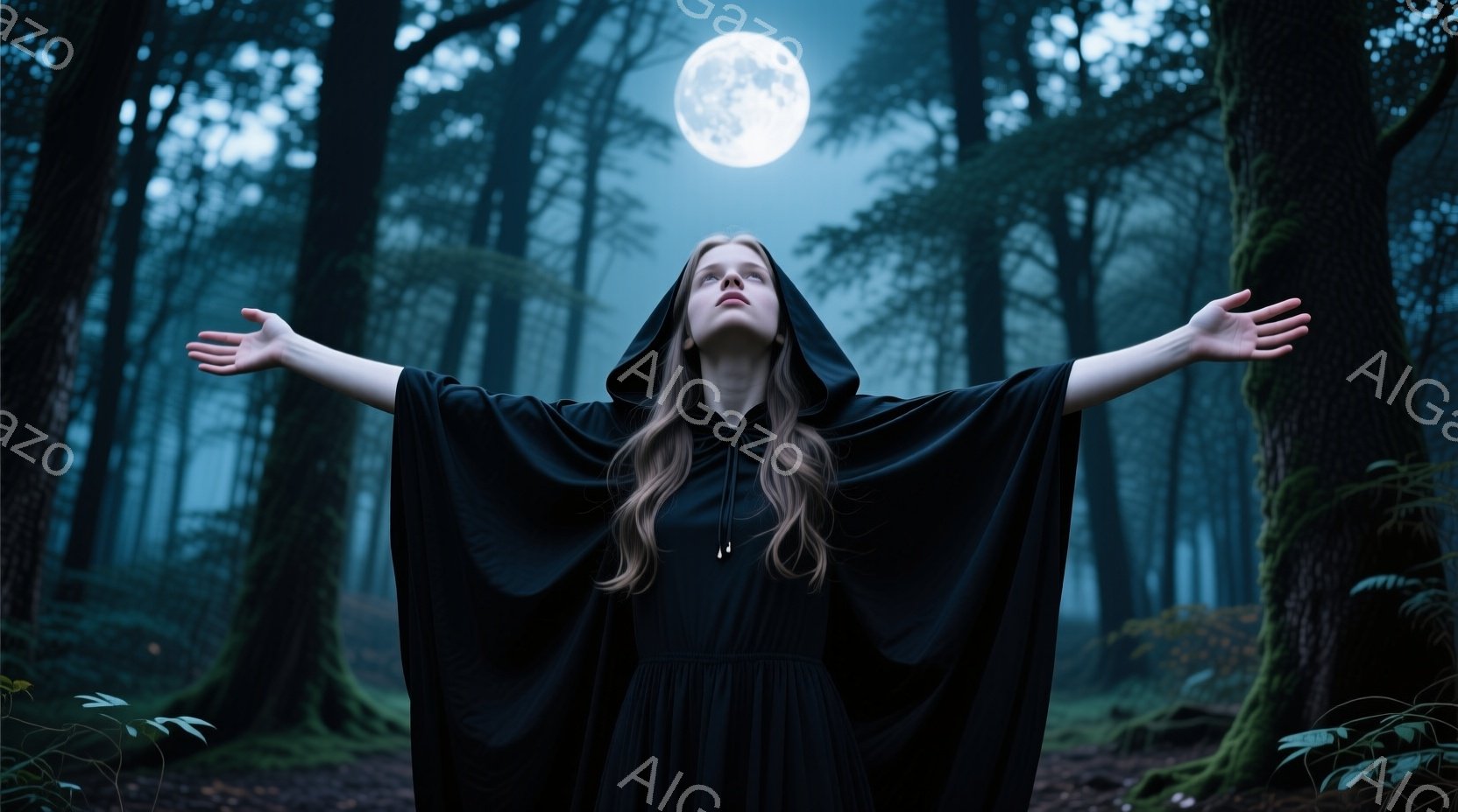 深い森の中で、黒いフード付きガウンをまとった女性が両手を広げて空を見上げている。彼女は長いブロンドヘアを持ち、顔は上向きで、やや神秘的な表情をしている。背景には暗い木々と、ぼんやりとした満月が輝き、全体的に幻想的で静寂な雰囲気を醸し出している。