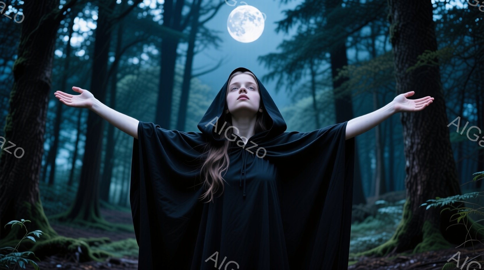 深い森の中で、フードを被った女性が両手を広げて立っている。彼女は黒いローブを身につけ、顔は上を見上げ、神秘的な表情を浮かべている。背景には暗い木々と、その上空に輝く満月があり、全体的に幻想的で静謐な雰囲気を醸し出している。