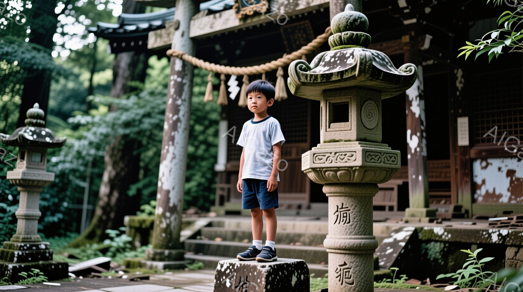 一人の少年が石灯籠の前に立っている。白シャツに紺色の短パン姿で、黒い靴を履いている。背景には、木々が生い茂り、古びた寺院の建物が見え、静かで穏やかな雰囲気が漂っている。