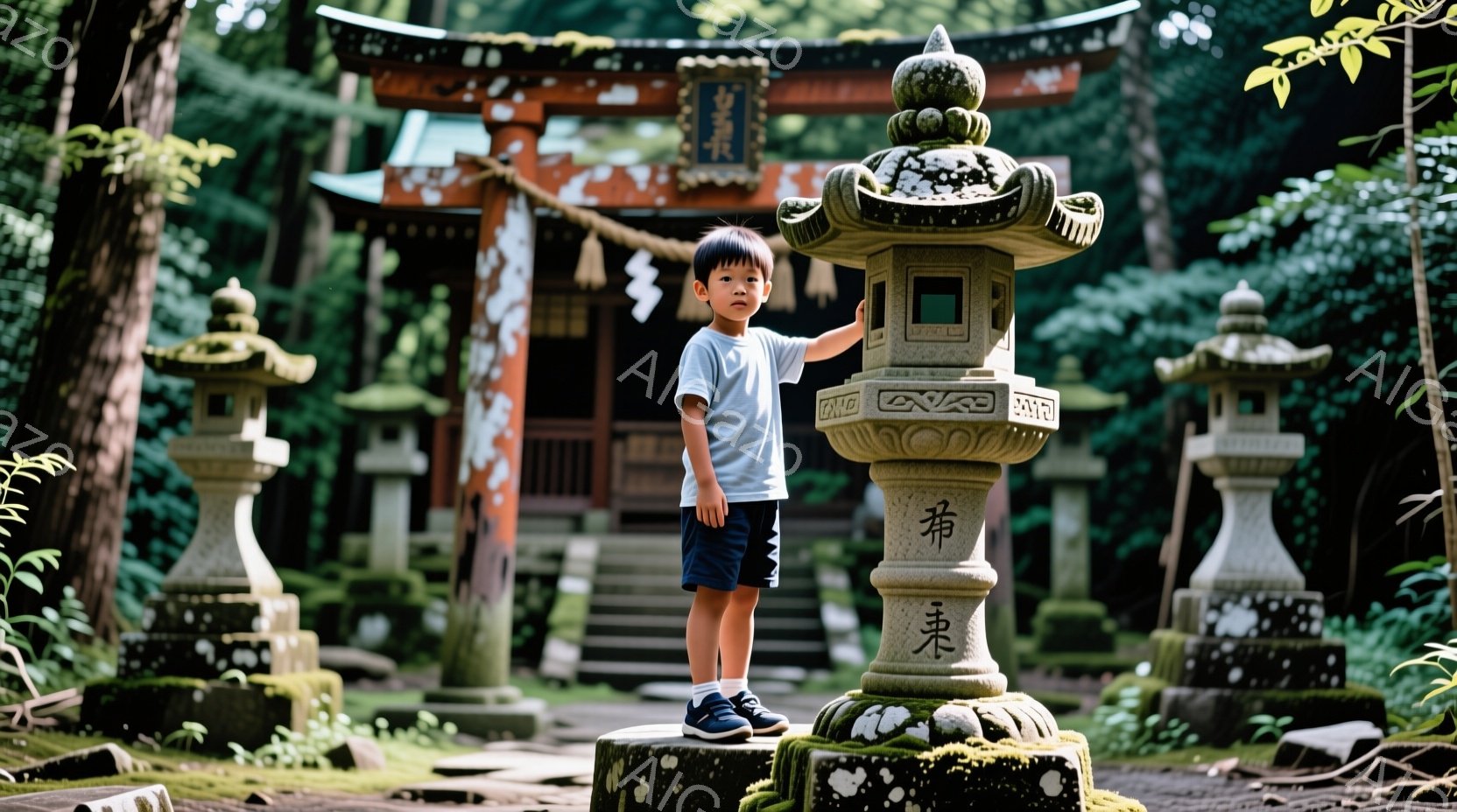 少年は青いTシャツと黒い短パン、そしてスニーカーを履いて、石灯籠の隣に立っています。少し緊張した表情で、片手を上げて何かを見ているようです。背景には朱色の神社の建物が見え、緑豊かな自然に囲まれた静かな - AI生成フリー素材