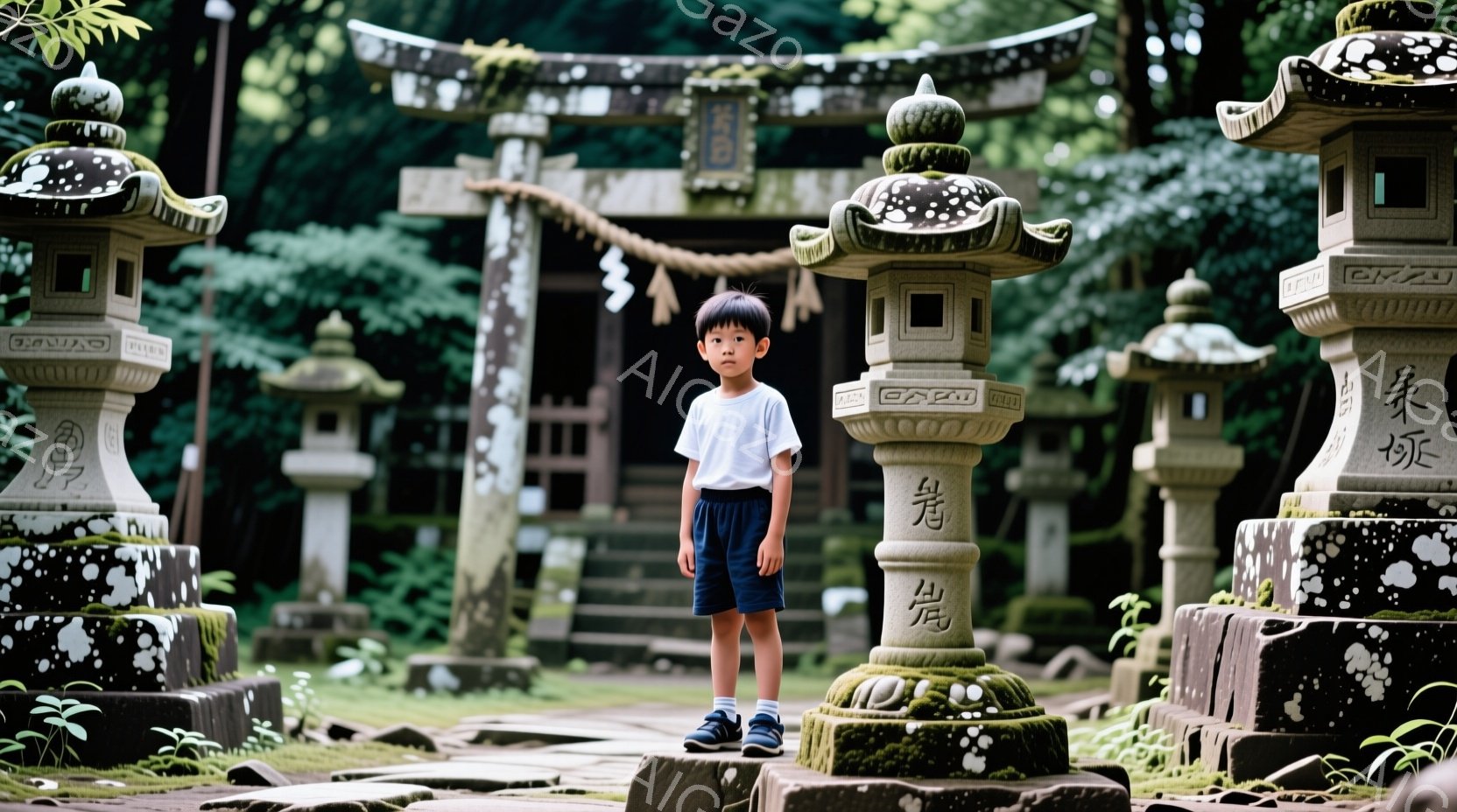 少年は白いTシャツと青い短パン、そして黒いスニーカーを履いて、石畳の道に立っている。彼の髪は短く整えられ、表情はやや控えめで、どこか物憂げだ。背景には、苔むした石灯籠や木造の鳥居が見え、緑豊かな自然に囲まれており、静かで厳かな雰囲気を醸し出している。