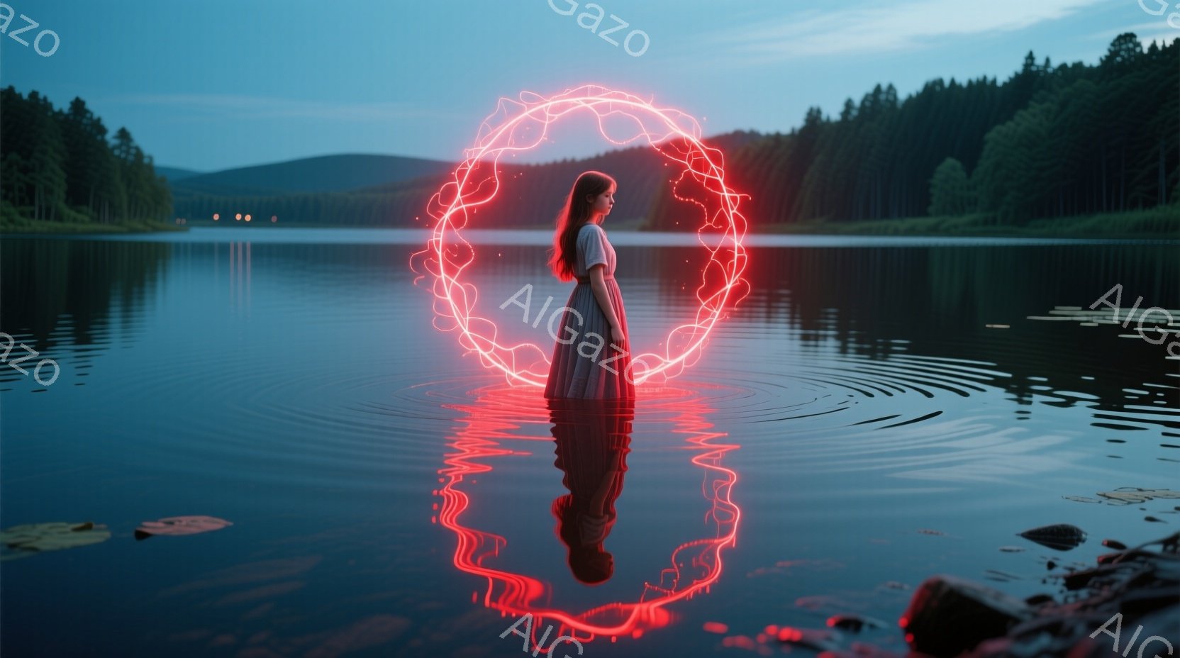 長い赤毛を背中に垂らし、ピンク色のドレスを着た女性が水中に立っている。彼女の周囲には赤い光の輪が浮かび、水面に波紋が広がっている。背景には緑豊かな山々が広がり、夕暮れ時の穏やかで神秘的な雰囲気を醸し出している。