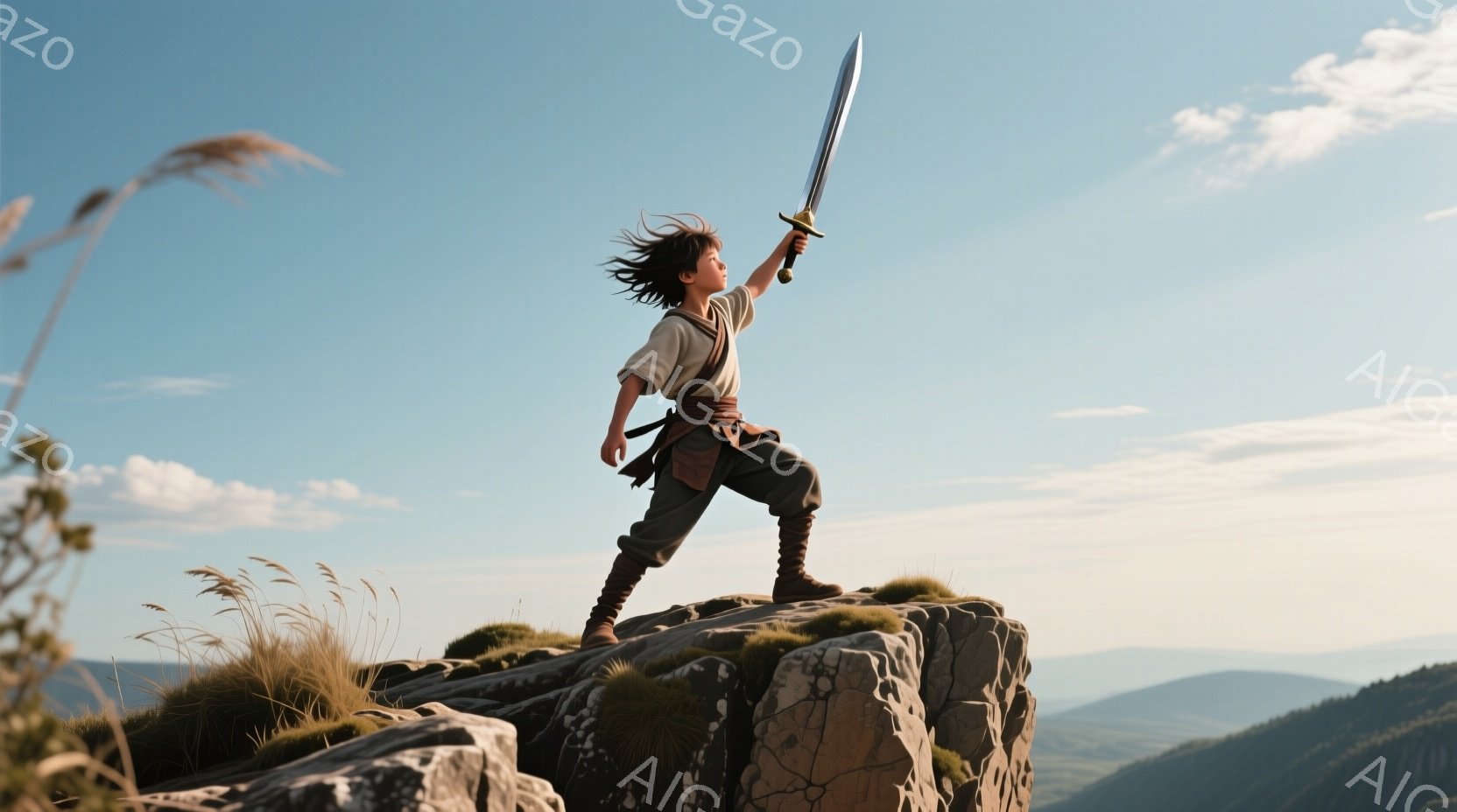 若い男性が、岩の頂上に立ち、剣を高く掲げています。彼は、ベージュ色のシャツに濃い茶色のズボンという服装で、髪は風になびいています。背景には、緑豊かな山々が広がり、晴天の空が広がっており、力強く、希望に満ちた雰囲気です。