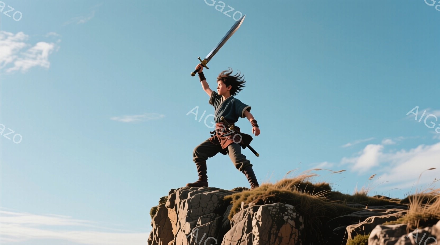 少年は岩山の頂上に立ち、片手で剣を高く掲げています。彼は黒髪で、動きやすい茶色の衣装を身につけ、力強い姿勢で何かを成し遂げようとしています。背景には青空と白い雲、そして緑の草が生い茂る丘が広がり、爽やかで活気に満ちた雰囲気を醸し出しています。