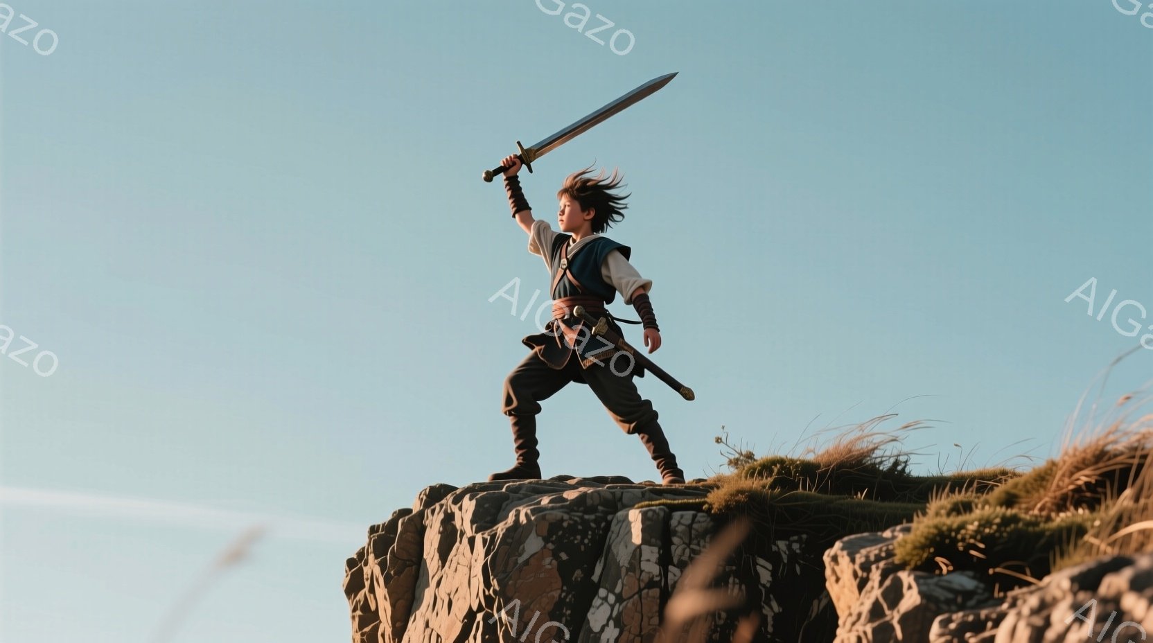少年は岩の上に立ち、剣を高く掲げています。黒髪をなびかせ、決意に満ちた表情で、中世風の衣装を身につけています。背景には緑の丘が広がり、晴れた空の下、力強く、冒険心に満ちた雰囲気が漂っています。