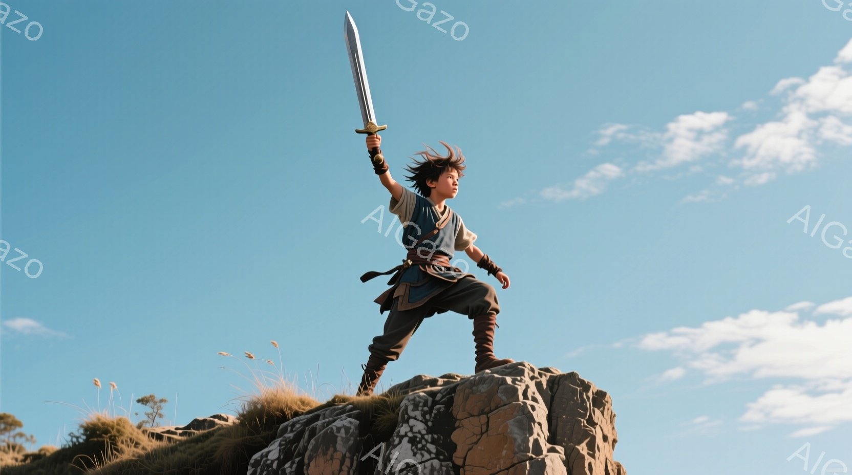 若い少年が岩の上に立ち、剣を高く掲げています。彼は茶色の短いズボンと、オレンジ色の帯で締めた白いシャツを着ており、黒い腕輪をしています。背景は緑の草地と青い空で、晴れた日の穏やかな雰囲気です。