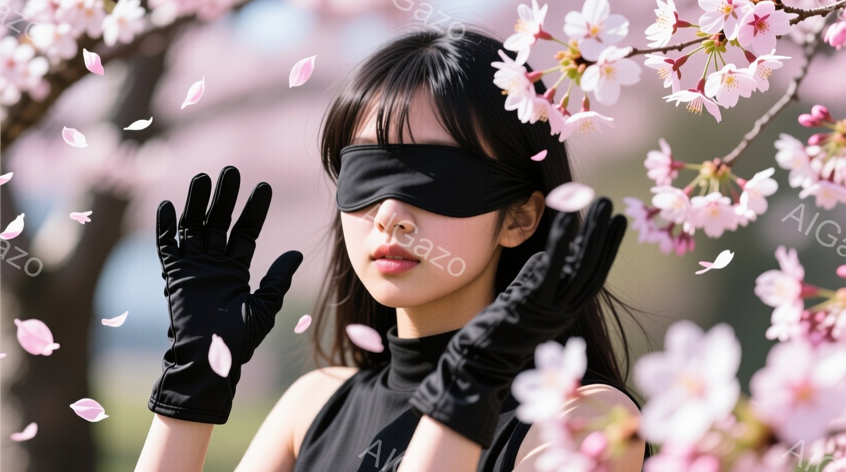 黒い服を着た若い女性が、片手を顔の横に上げ、目隠しをしています。背景には桜の花びらが舞い散る桜の木があり、春の穏やかな雰囲気を醸し出しています。女性の表情は落ち着いており、全体的に神秘的で美しい印象を - AI生成フリー素材