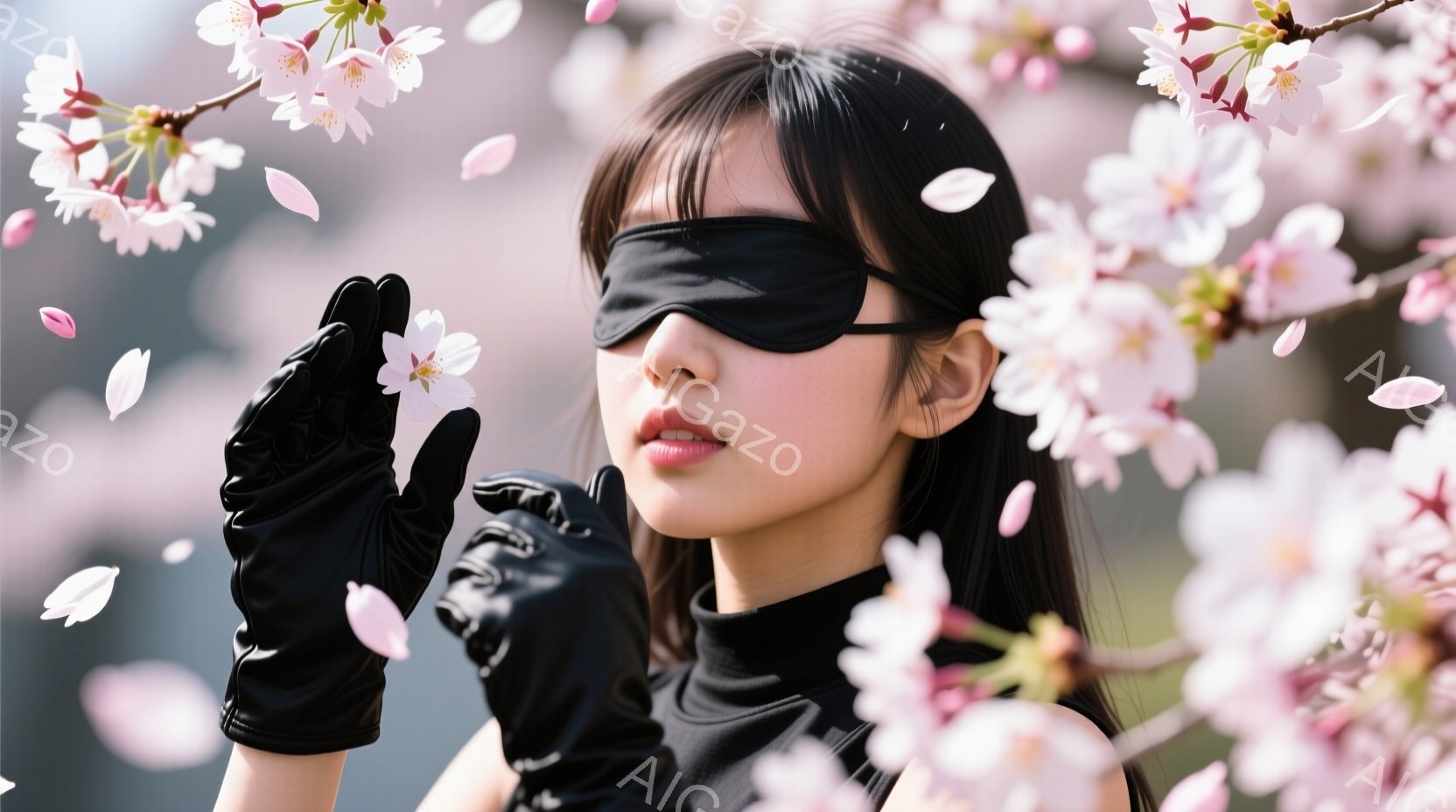 長い黒髪の女性が、桜の花びらが舞う中で、黒いハイネックのトップスと手袋を着ています。彼女は眼帯をしており、少し口を開けて何かを見つめているような表情をしています。背景は満開の桜で、春の穏やかで少し神秘的な雰囲気を醸し出しています。