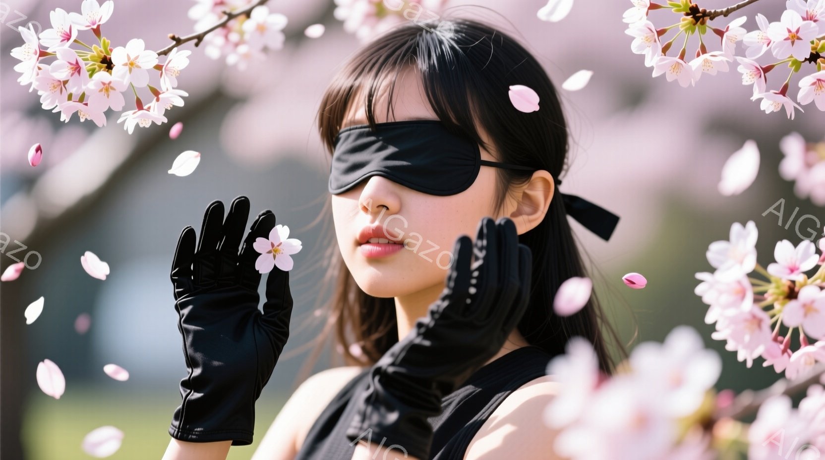 桜の花びらが舞う中、黒いマスクと手袋を身に着けた女性を捉えています。彼女は黒い服装で、髪は後ろで結ばれており、顔は穏やかで少し憂いを帯びた表情をしています。背景には桜の木が咲き誇り、春の暖かさと儚さを感じさせる雰囲気です。