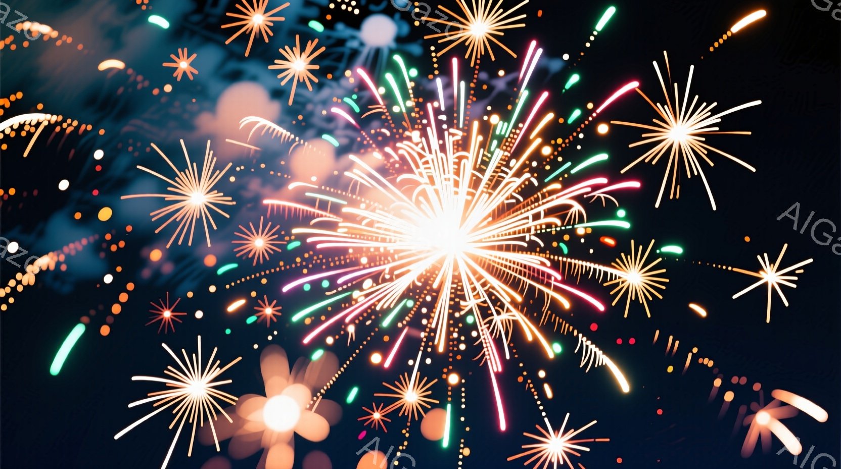 深い藍色の背景に、色とりどりの花火が咲き乱れている様子が捉えられています。赤、緑、オレンジ、ピンク、白などの鮮やかな光が夜空を照らし、まるで星屑が舞い散るような幻想的な光景を作り出しています。花火は様 - AI生成フリー素材