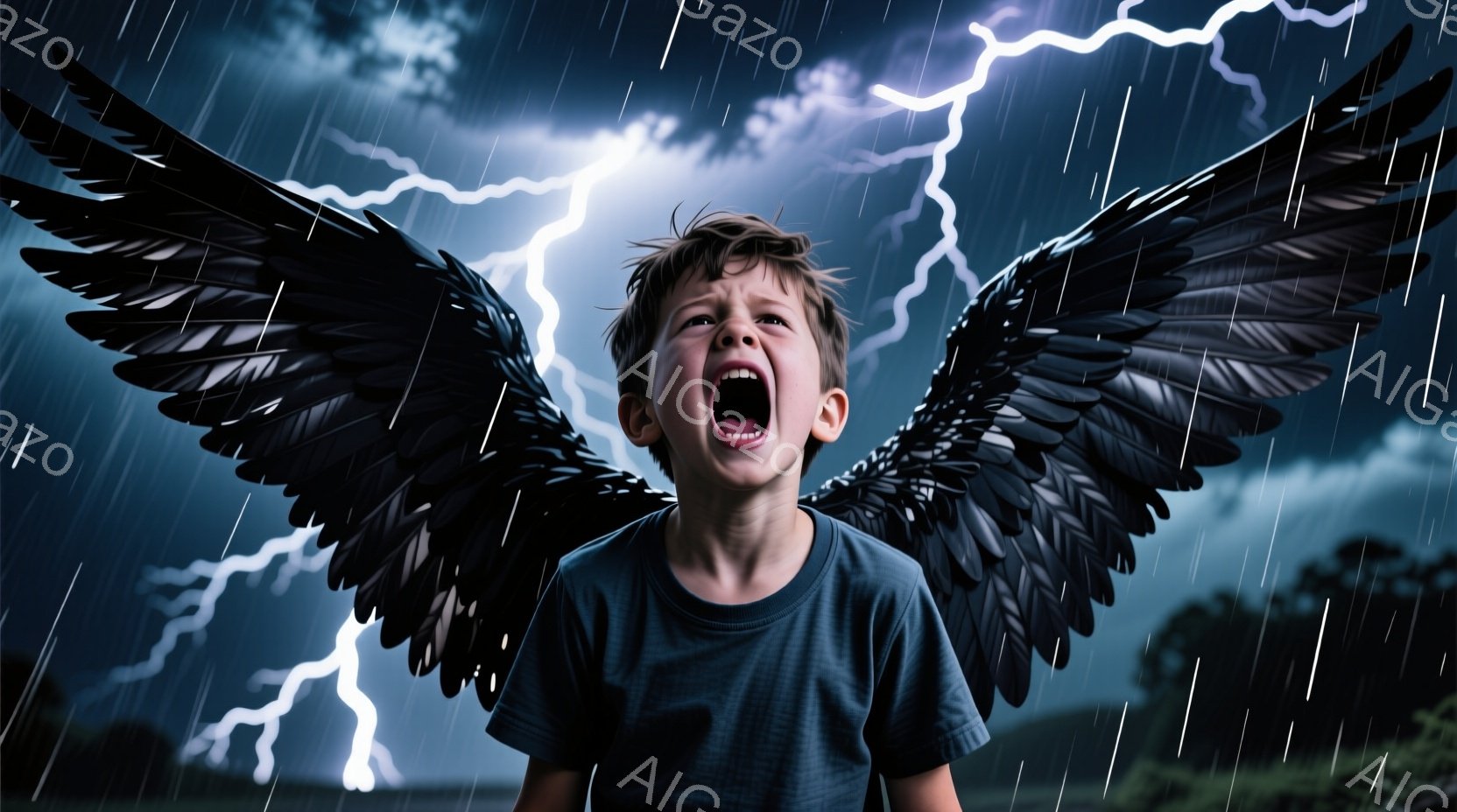 少年は、激しい雨と雷が光る暗い背景を背景に、口を開けて叫んでいます。彼は黒い翼を広げ、青いTシャツを着ており、少し乱れた茶色の髪をしています。全体的に、不安とドラマティックな雰囲気が漂っています。