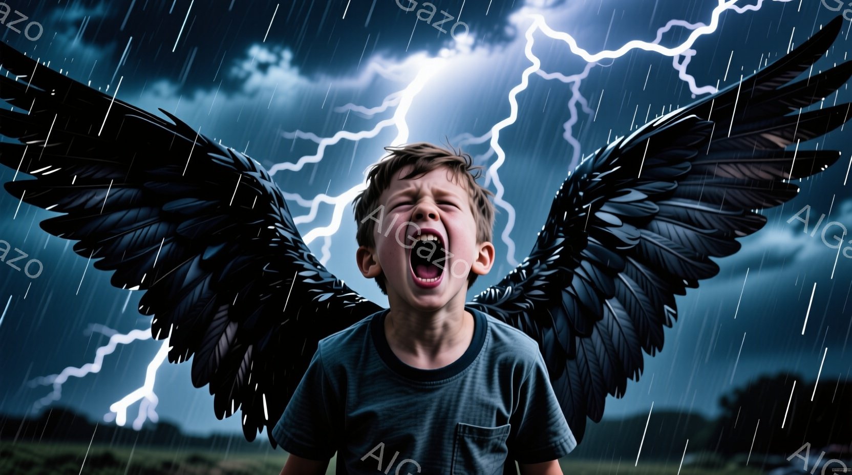 少年は灰色と黒のTシャツを着ており、髪は無造作に乱れている。彼は口を開けて叫び、背中には大きく広げられた黒い翼が生えている。背景は激しい雨と稲妻が走る暗い空で、全体的に苦悩とドラマチックな雰囲気が漂っている。