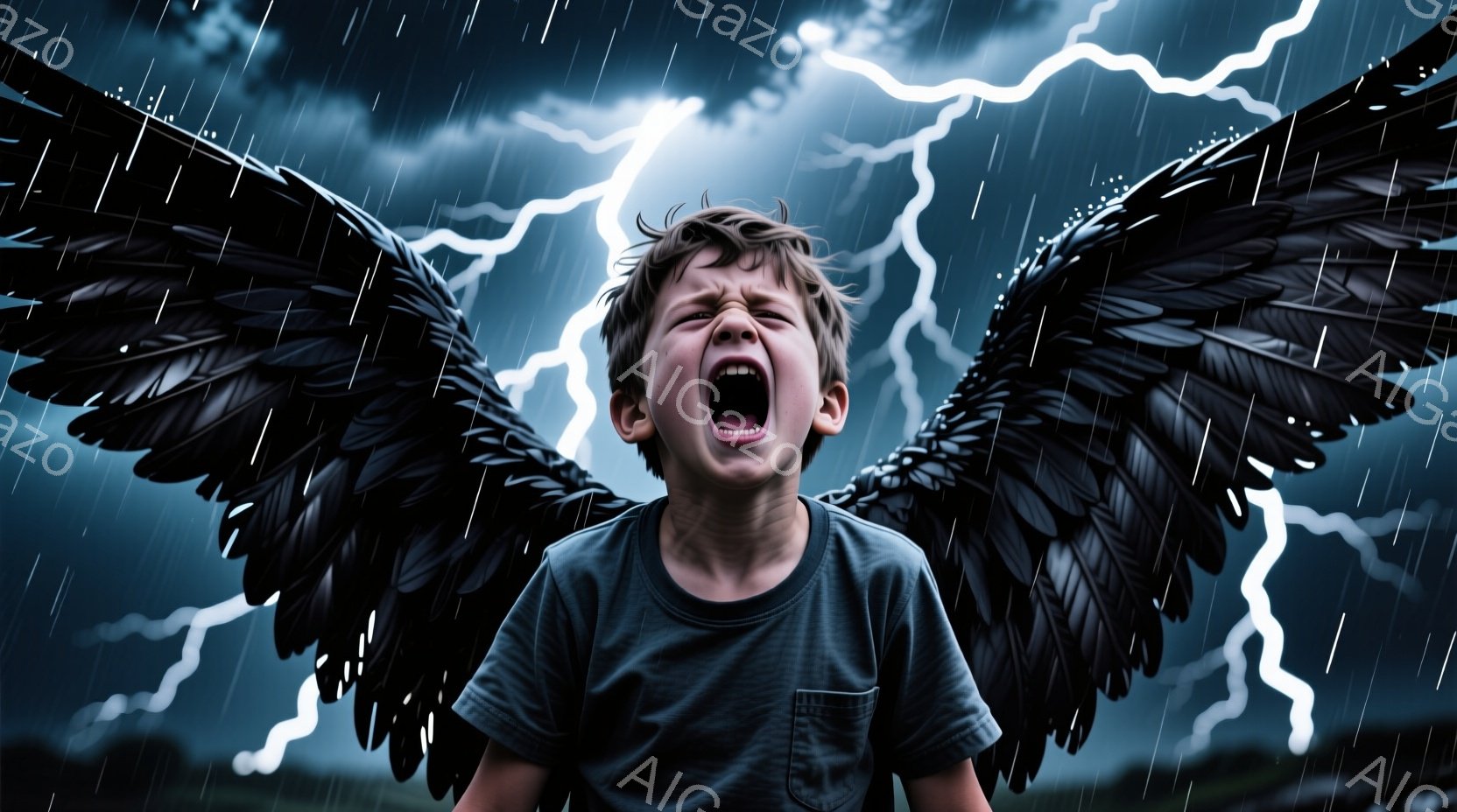 少年は、暗い空を背景に翼を広げ、口を大きく開けて叫んでいる。彼は灰色のTシャツを着ており、無造作に髪がセットされている。背景には激しい雨と稲妻が走り、全体的に緊迫感とドラマチックな雰囲気を醸し出している。