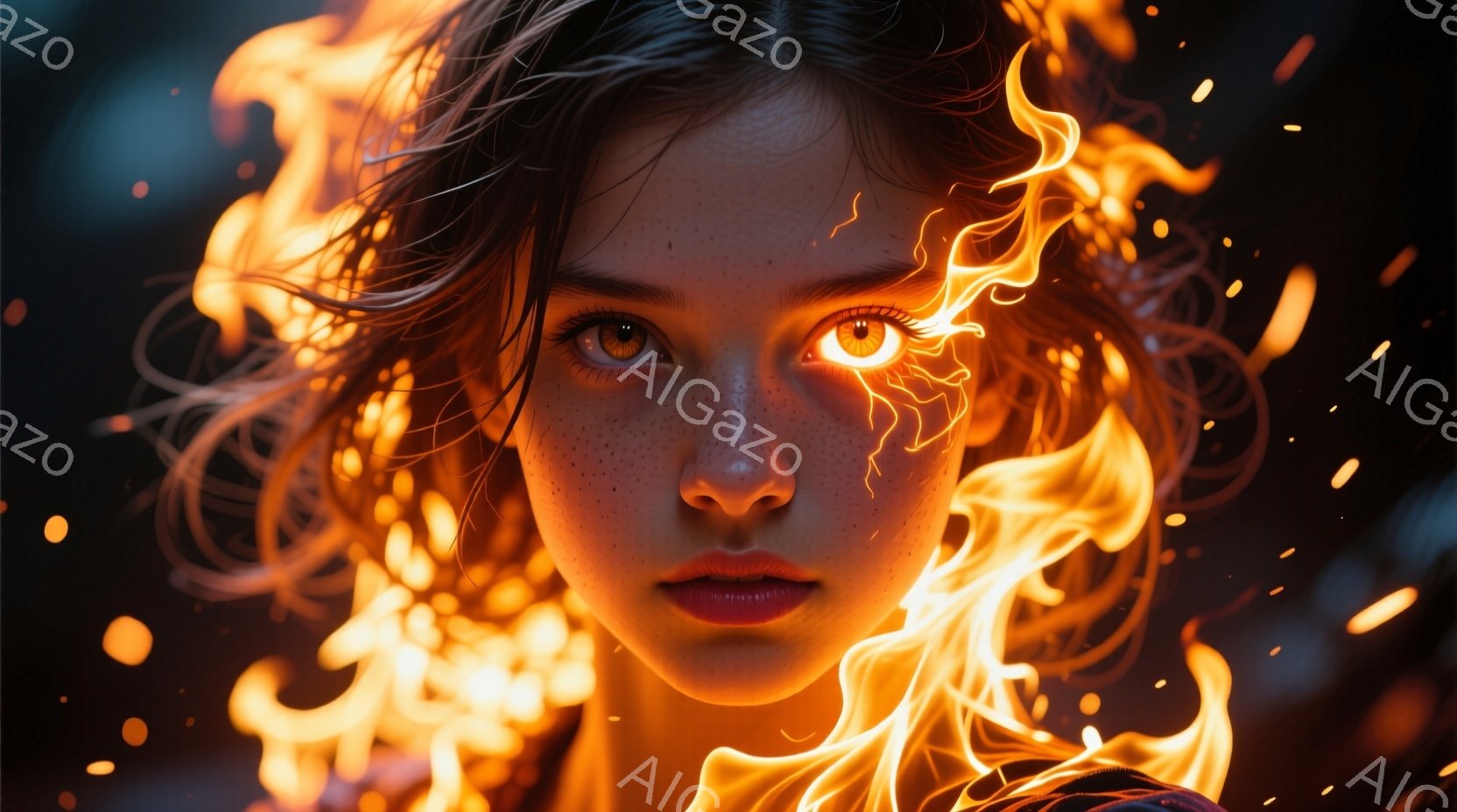 明るいそばかすと茶色の瞳を持つ若い女性が、燃え盛る炎に囲まれて正面を見つめている。彼女は紫色の服を着ており、髪はダークブラウンで、炎が髪と顔の周りを渦巻いている。背景は暗く、火花が散らばっており、全体的に神秘的で力強い雰囲気を醸し出している。