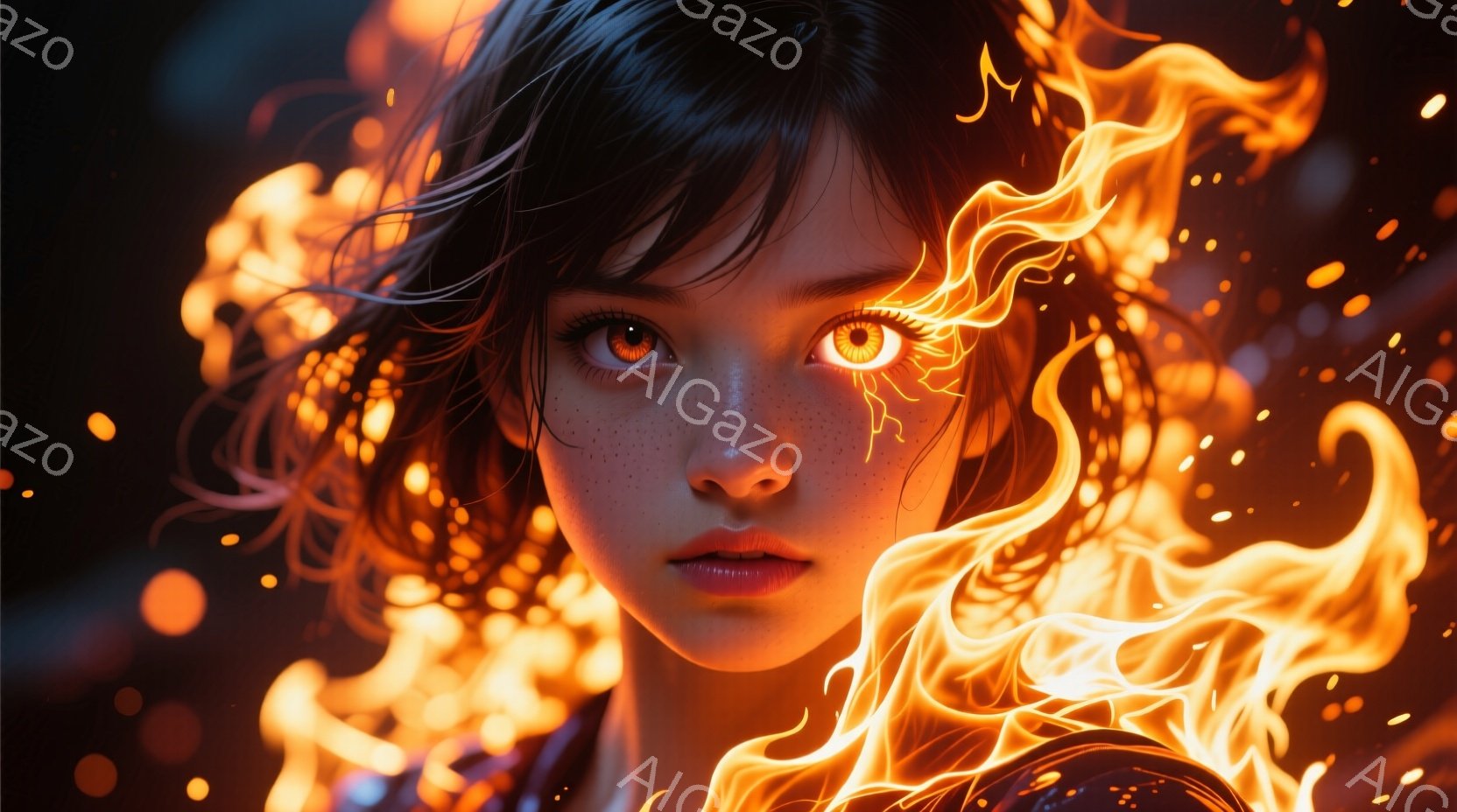 少女はそばかすがあり、暗い髪は肩にかかっています。彼女の目は燃え盛る炎のように輝いており、強い意志と神秘的な雰囲気を醸し出しています。背景は炎に包まれ、鮮やかなオレンジ色と赤色が強調され、まるで彼女の内に秘められた情熱が爆発するかのような、激しくも美しい情景を作り出しています。