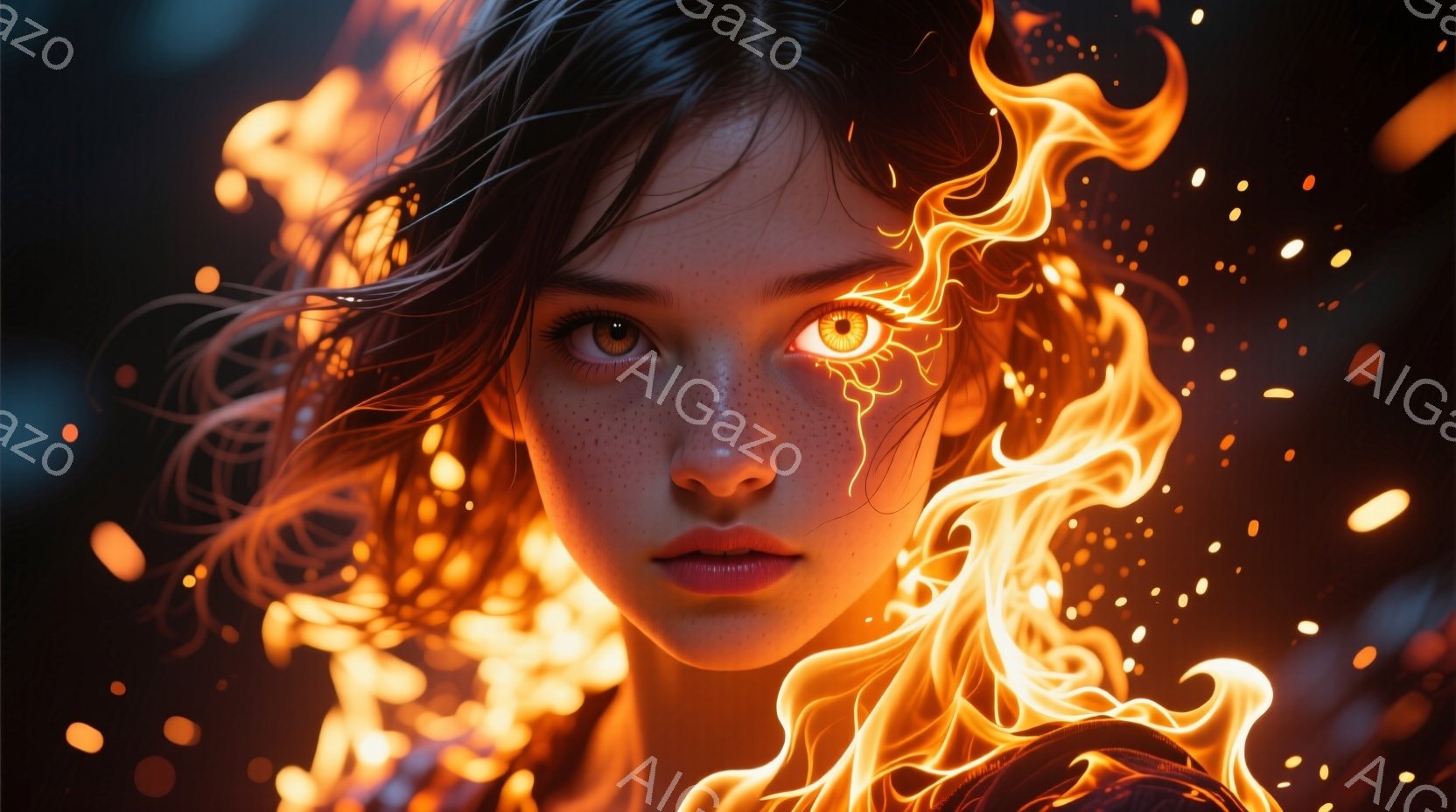明るい栗色のそばかすが散りばめられた若い女性が、カメラを見つめています。彼女の髪はダークブラウンで、顔の周りに乱れたストランドがあります。彼女の右目は燃え盛る炎のような光を放ち、炎が髪の周りと肩に広がっています。