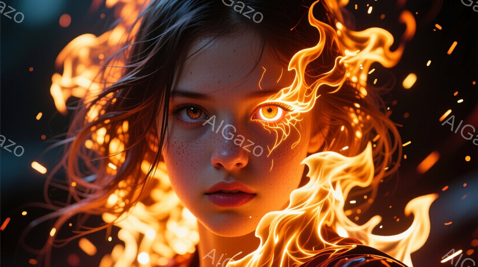 赤毛とそばかすのある若い女性が、燃え盛る炎のような髪と、輝く炎の瞳で正面を見据えています。彼女はわずかに口を開け、落ち着いた表情を浮かべており、暗闇の中に浮かび上がる印象的なポートレートです。背景は暗く、炎のような光の粒子が散りばめられており、神秘的で力強い雰囲気を醸し出しています。