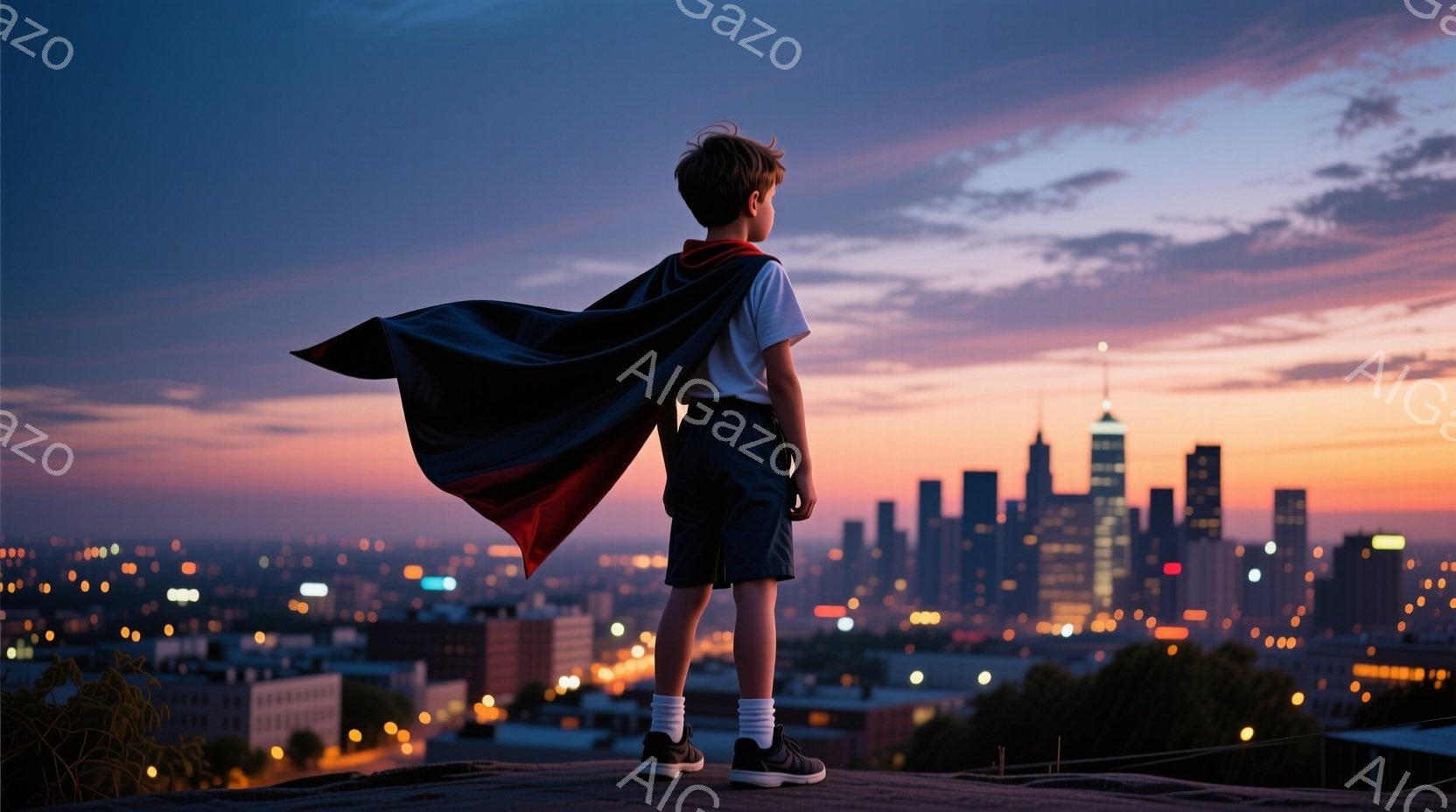 夜の都市景色を背景に、一人の小さな男の子がスーパーヒーローのようなポジングと手を広げた態度で立っている。彼は青緑色のシャツとカラフルなズボン、透明な水玉模様のサンダルを着ており、表情は自信にあふれるものです。周囲は街灯が点在し、空はオレンジ色の日没光が流れています。全体的な雰囲気は感動的で、幼さと未来への視野を象徴しているように思われます。