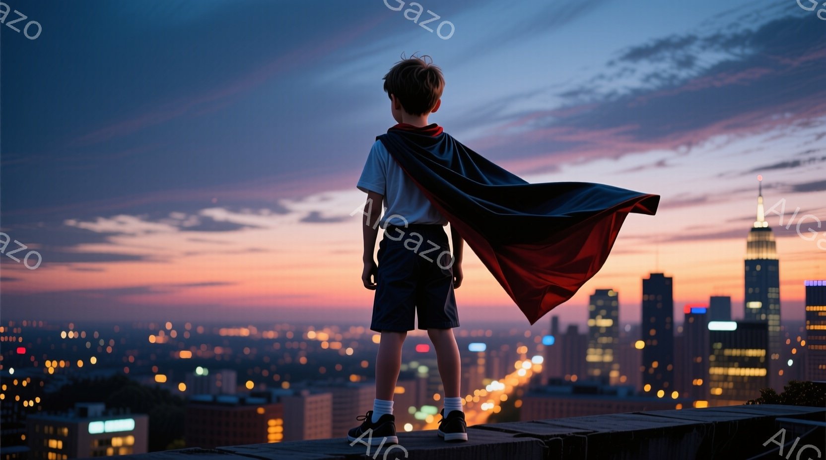 一人の少年が、赤いマントを羽織り、夜景を見下ろすように立っている。彼は黒いショートパンツと白いTシャツ、そしてスニーカーを履いており、背中を向けているため顔は見えない。背景には、きらめく都市のスカイラ - AI生成フリー素材