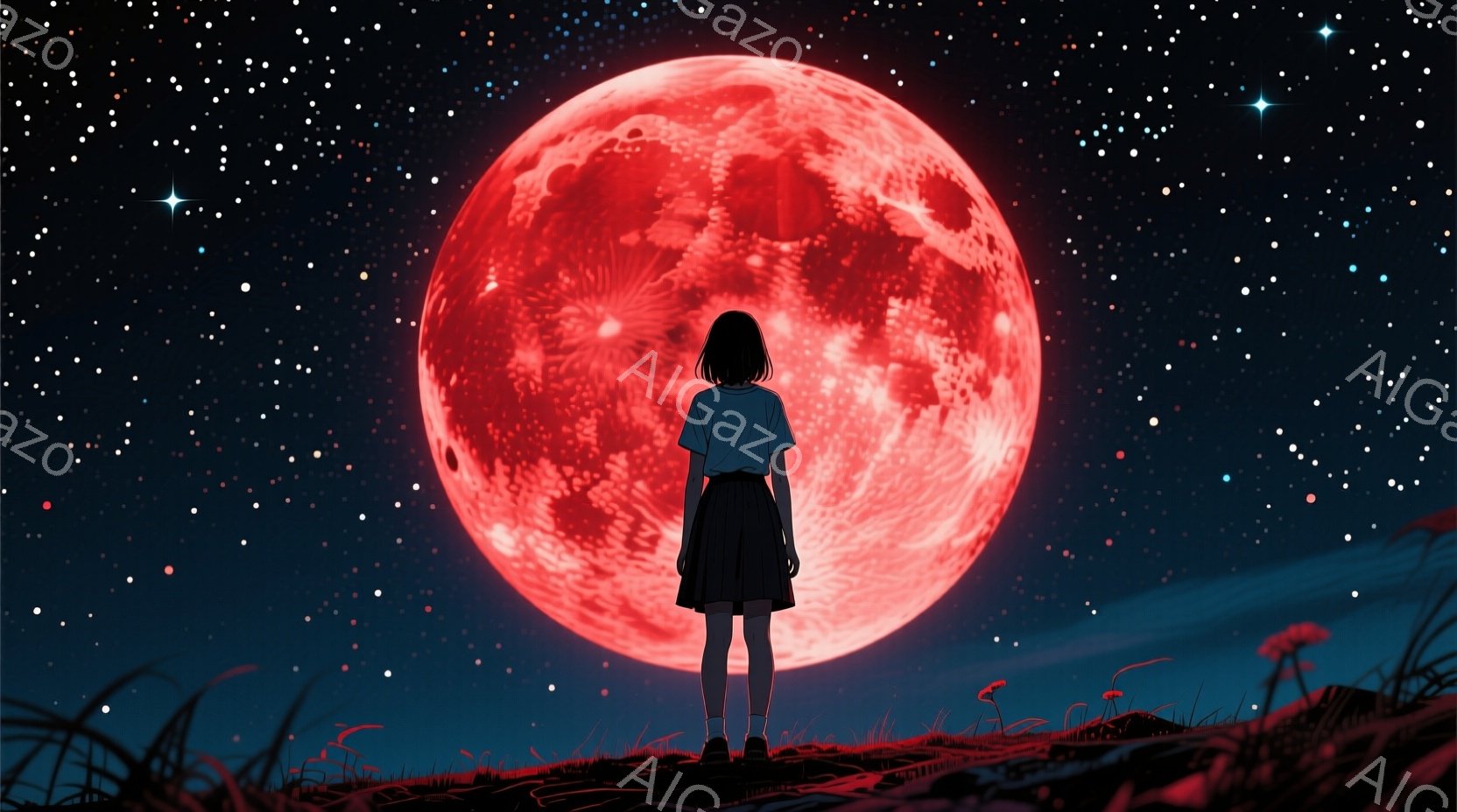 黒髪の少女が、膝丈のスカートと青いTシャツを着て、背を向けて立っている。背景には巨大な赤い月が輝き、周囲には暗いシルエットの草やキノコが点在している。全体的に静かで神秘的な雰囲気が漂い、夜空には無数の星が散りばめられている。