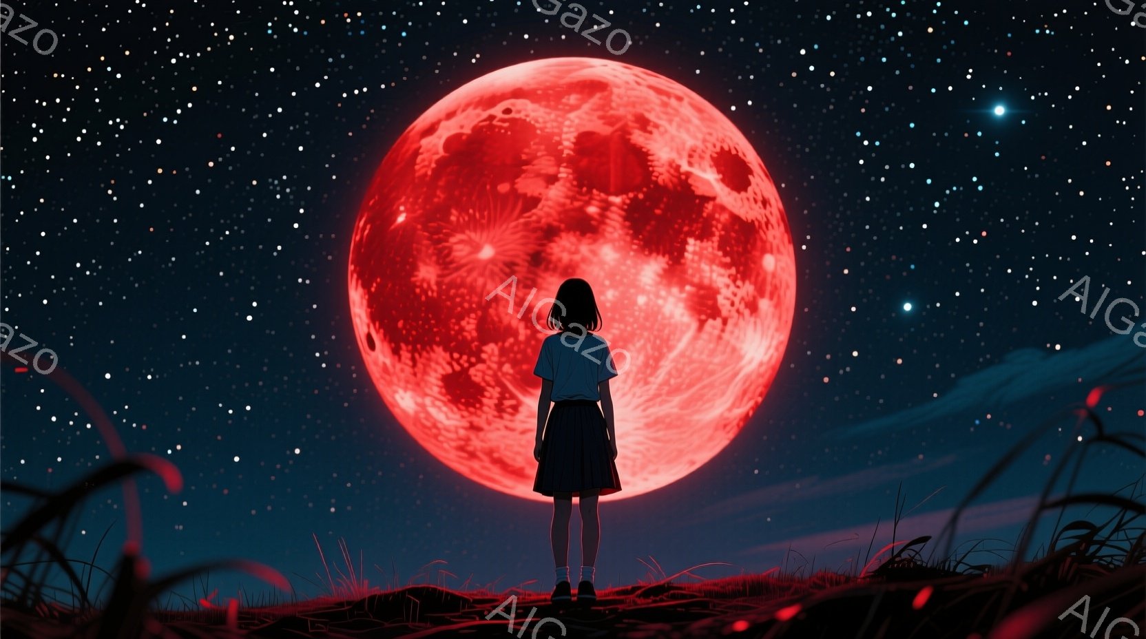 暗い夜空を背景に、少女が丘の上に立っている。彼女は水色のシャツと黒いスカート、白い靴下を履いており、黒い髪は肩にかかる長さである。巨大で赤い満月が空に浮かび、周囲には草が生い茂り、遠くには建物のシルエ - AI生成フリー素材