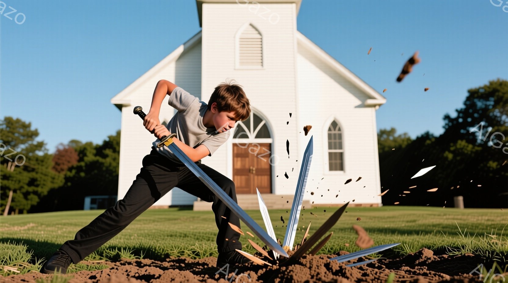 茶髪の少年が、土埃が舞う緑の芝生の上にしゃがみ込み、剣を振り下ろしている様子が描かれています。その背景には、茶色の扉と尖塔を持つ白い教会がそびえ立ち、晴天の下、穏やかな雰囲気が漂っています。少年の表情は真剣で、まるで何かに立ち向かっているかのようです。