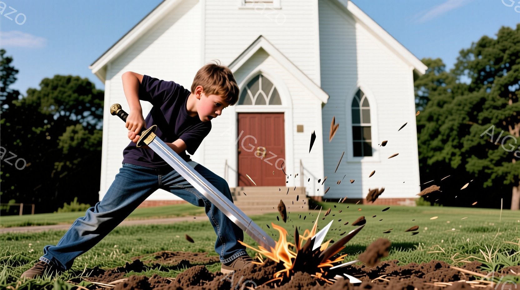 茶髪の少年が芝生の上で大きく剣を振りかぶり、土を跳ね上げています。彼は濃い青いTシャツとジーンズを着用し、集中した表情をしています。背景には白い教会が見え、晴れた空の下、緑豊かな自然が広がっており、活 - AI生成フリー素材