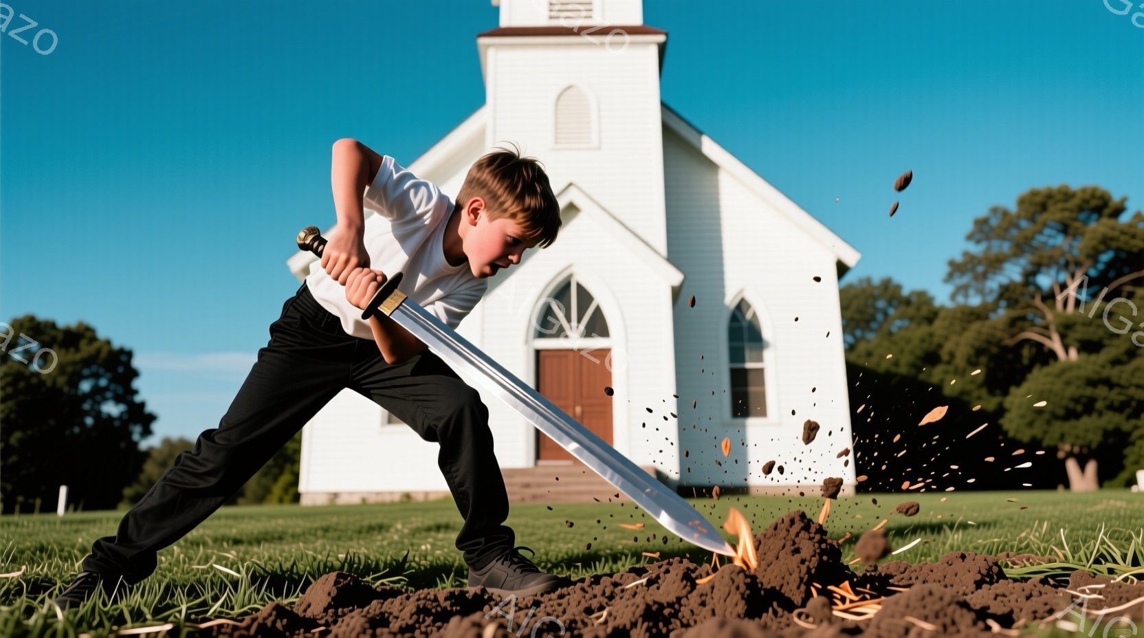 少年は黒いズボンと白いTシャツを着て、芝生の上で大きな剣を振り下ろしています。土が飛び散り、芝生には剣で掘られた跡が残っています。背景には白い教会が建っており、晴天の下、緑豊かな自然が広がっています。