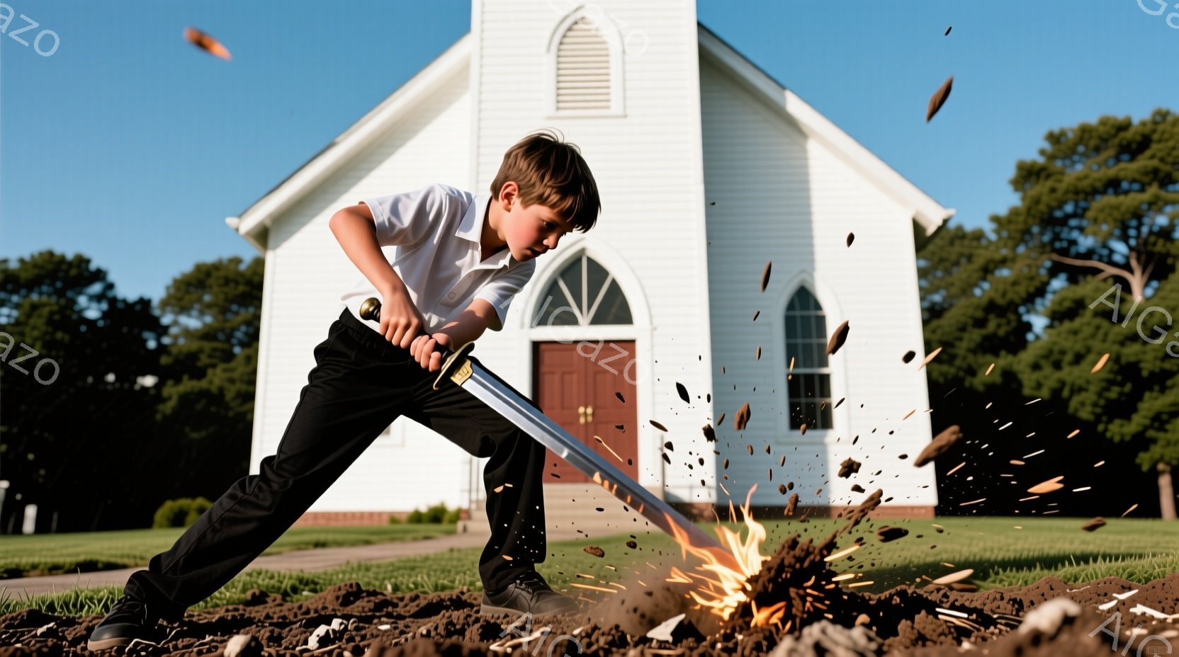 白いシャツに黒いズボンを着用した少年が、草が生い茂る地面に剣を振り下ろしている。彼の表情は真剣で、剣から火花が散っている様子から、何かに立ち向かっていることが窺える。背景には白い教会が聳え立ち、晴れた空と緑の芝生が広がっており、全体としてファンタジーと現実が混ざり合ったような、力強い雰囲気である。