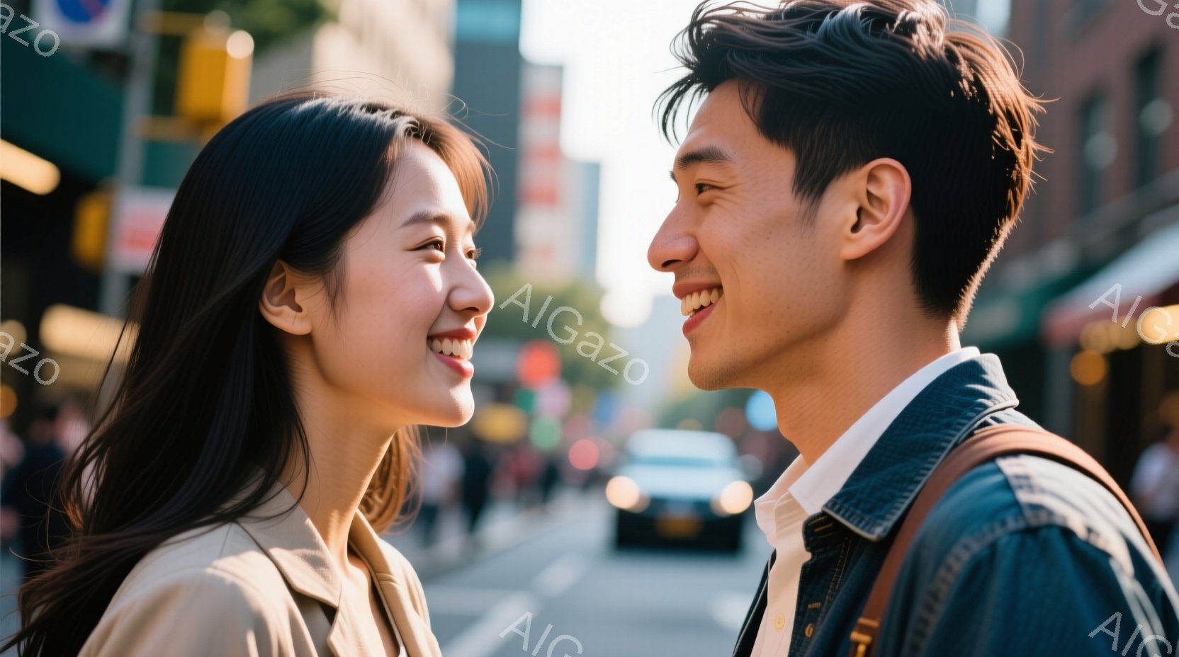 街中で寄り添う若い男女が写っている。女性は明るいベージュ色のジャケットを着て、長い黒髪を自然に垂らしており、笑顔で相手を見つめている。男性はデニムジャケットに白いシャツを着ており、リュックを背負い、女 - AI生成フリー素材