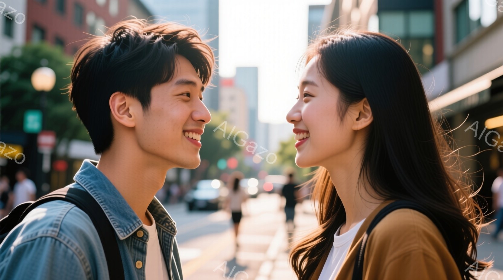 若い男女が並んで歩きながら互いに微笑み合っている。男性はデニムジャケットと薄い色のシャツを着て、リュックサックを背負っている。背景には、建物や木々が見え、晴れた日の街並みが広がっている。 - AI生成フリー素材