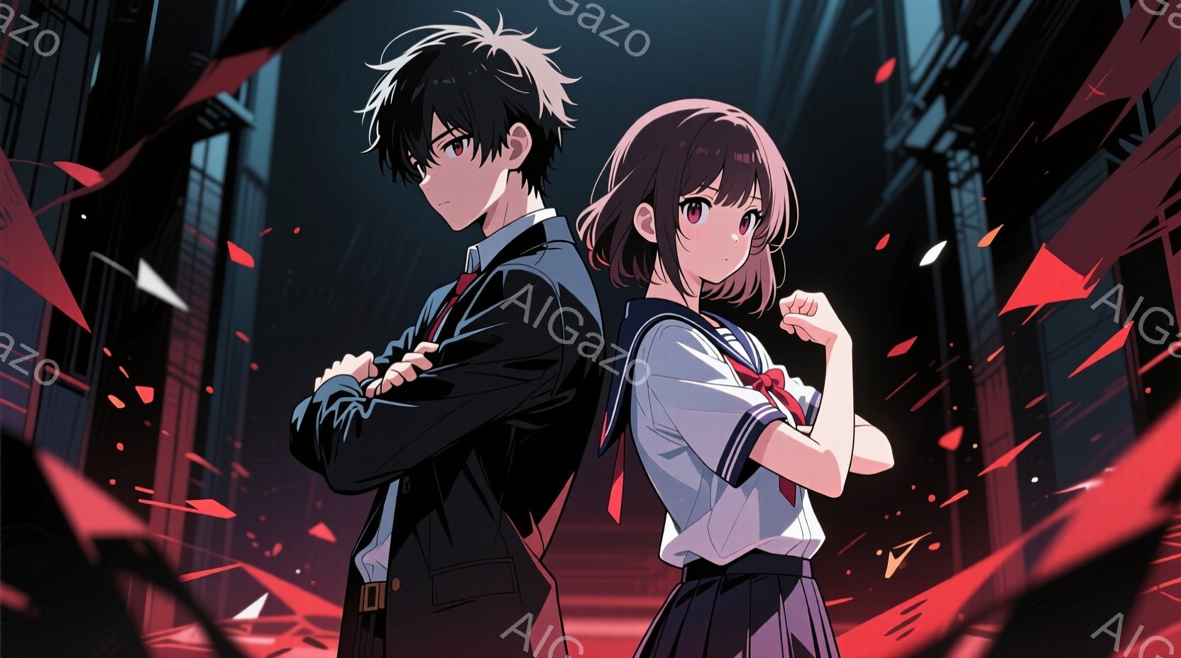 少年は黒い制服を着ており、髪は黒く逆立っていて、腕を組んで険しい表情をしています。少女は白いブラウスと紺色のスカートの制服を着て、赤いリボンが印象的で、少し警戒したような表情で拳を握っています。背景には崩れかけた建物のようなものが描かれており、赤い破片が舞い散る暗く、緊迫感のある雰囲気です。