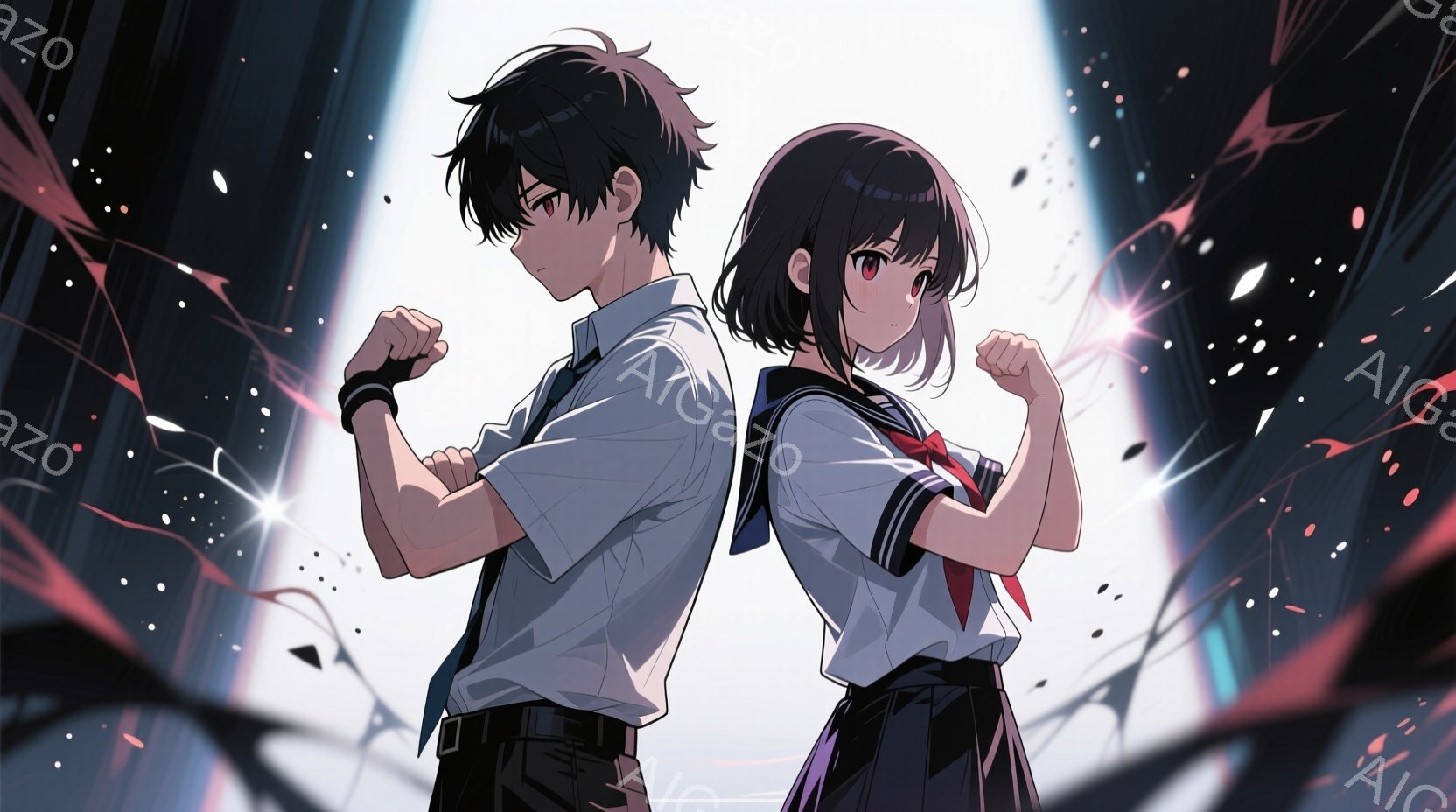 二人の人物が背中合わせに立っており、拳を握り締めています。男性は黒髪で、白いシャツに黒いズボン、片腕には黒いリストバンドを着用しています。女性は同じく黒髪で、セーラー服を着ており、背景には赤と白の線が飛び交い、緊迫した雰囲気を作り出しています。