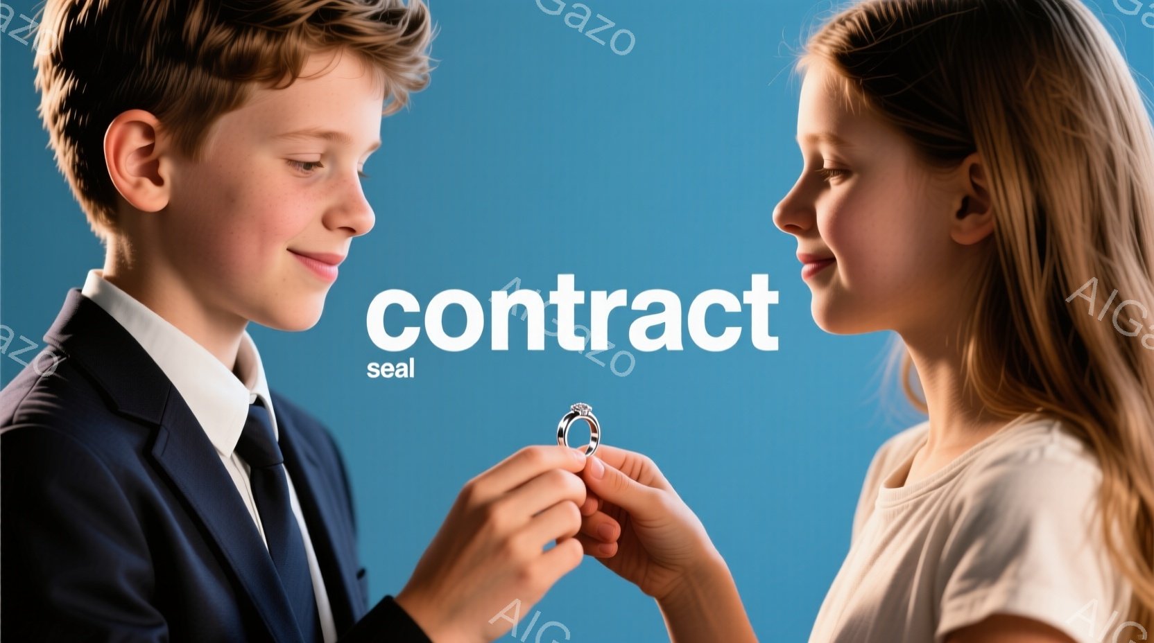 小さな男の子が、指輪を少女に差し出している場面です。男の子はネクタイと紺色のスーツを着ており、微笑みを浮かべています。少女は白いTシャツを着ており、横を向いて指輪を見つめています。