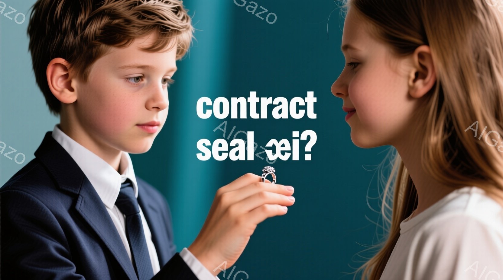 少年は黒いスーツを着ており、真剣な表情で女性に何かを渡そうとしています。女性は白のトップスを着て、横を向いて受け取る準備をしているようです。背景は青みがかった色で、フォーマルな雰囲気があり、まるでプロポーズのような場面を思わせます。