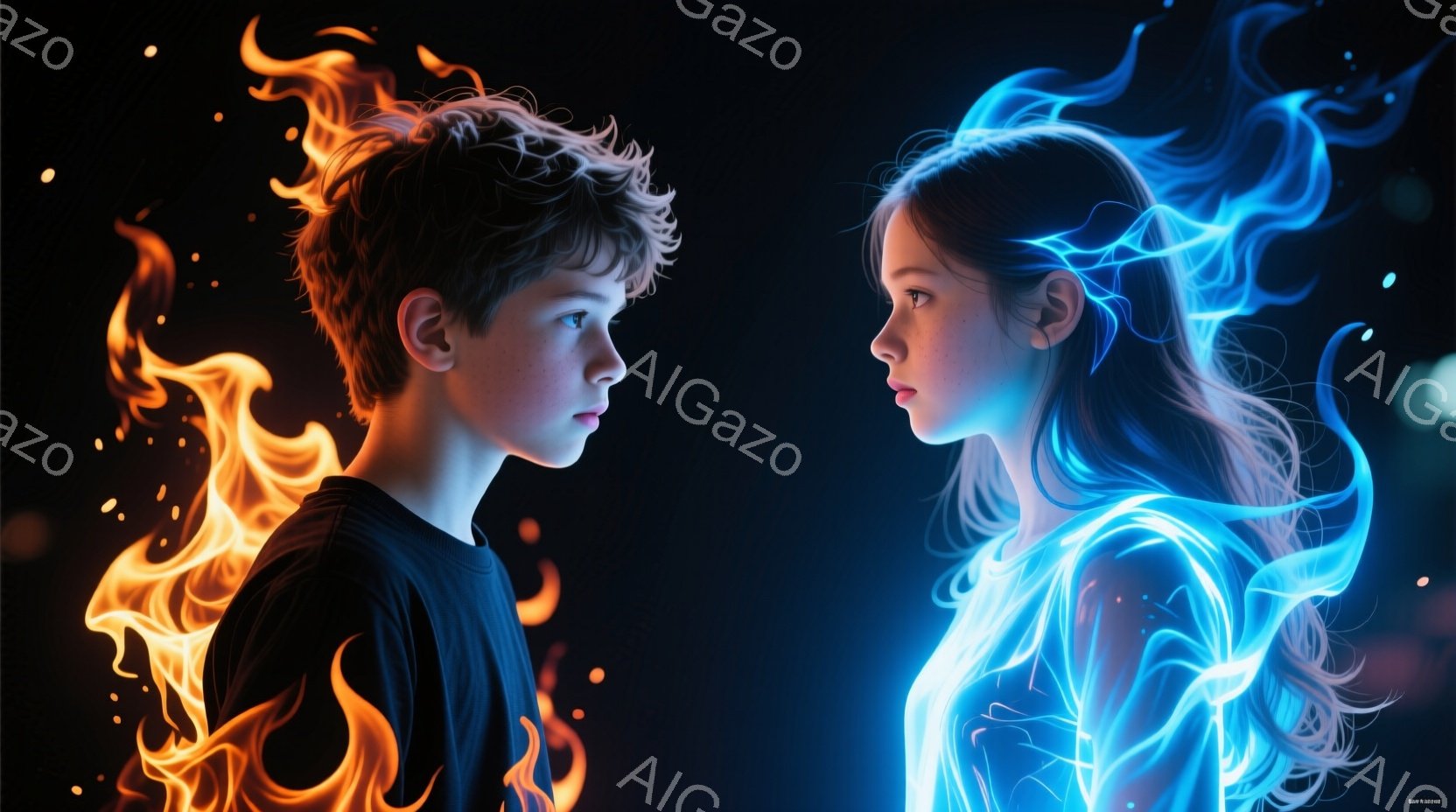 少年と少女が向き合っている。少年は黒いシャツを着ており、燃え盛る炎に包まれている。少女は青白い光を放つドレスを着て、長い髪が光の尾のように広がっている。