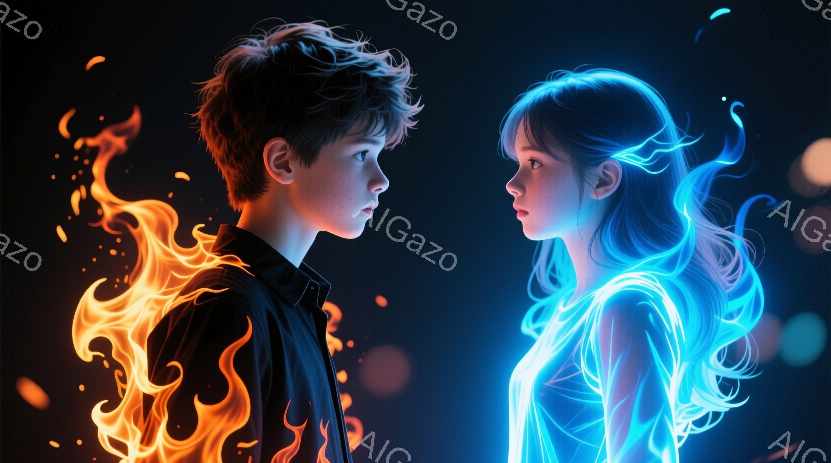 燃え上がる炎に包まれた少年と、青い光に包まれた少女が描かれています。少年は黒いシャツを着ており、燃え盛る炎がその背後から広がっています。少女は淡い青いドレスを着ており、彼女の周りには光の粒子が舞い、ま - AI生成フリー素材