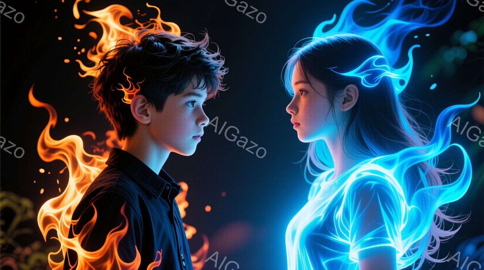 少年は黒いシャツを着ており、燃え盛る炎に包まれています。彼は眉間に皺を寄せ、どこか憂いを帯びた表情で横を向いています。少女は光り輝く青いエネルギーに包まれ、長く滑らかな髪が背中に流れ、静かで瞑想的な表情をしています。